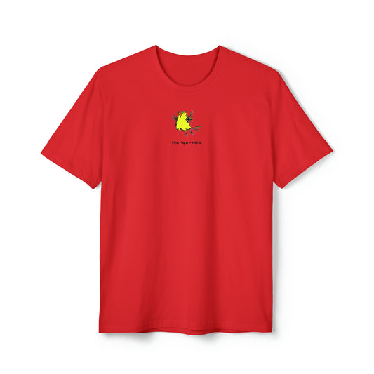 Yellow flying bird with orange beak on ruby red color recycled unisex men's t-shirt. Text under image says No Worries