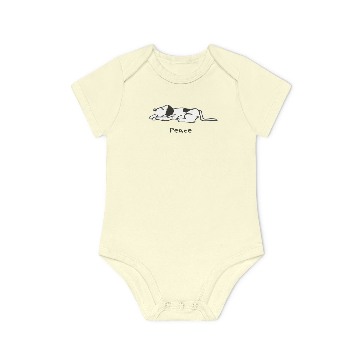 Soft yellow short sleeve onesie baby bodysuit featuring a simple black and white illustration of a sleeping dog above the word "Peace" printed on the chest.