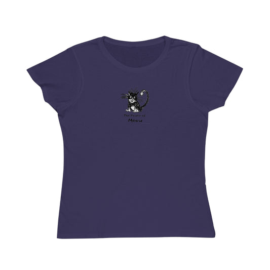 Iris blue colored  on women's t-shirt featuring a cartoon illustration of a scruffy black-and-white cat with its fur standing up, sitting calmly. Below the cat is the text “The Power of Meow” in a playful font.