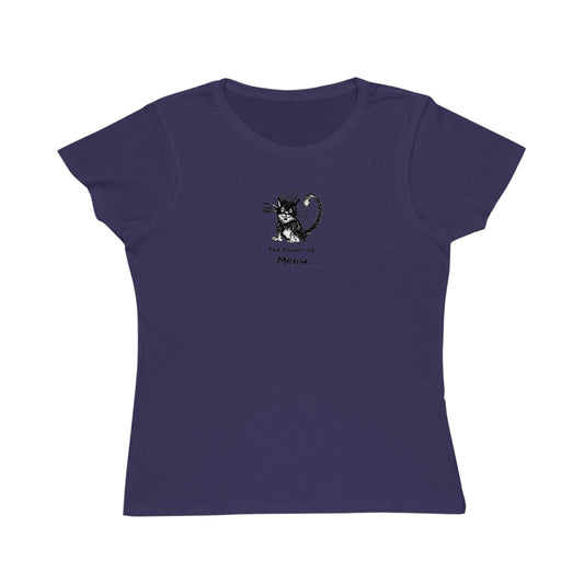 Black and white cat sitting on iris color women's t-shirt. Text under reads The Power of Meow