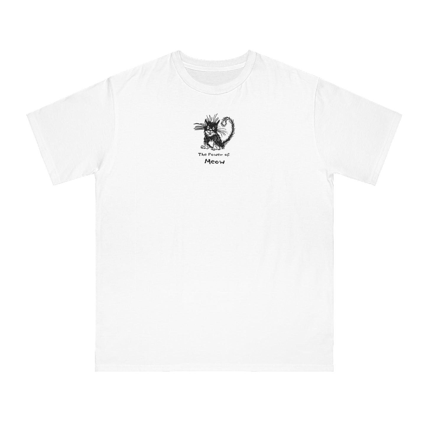 White t-shirt featuring a cartoon illustration of a scruffy black-and-white cat with its fur standing up, sitting calmly. Below the cat is the text “The Power of Meow” in a playful font.