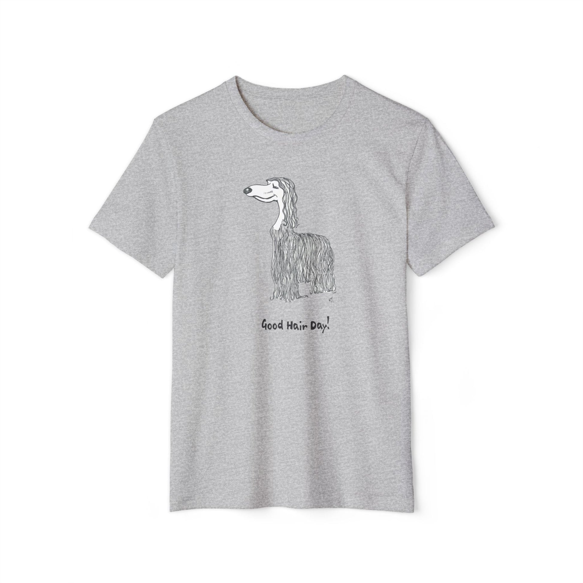 Gray unisex t-shirt featuring a whimsical line drawing of a long-haired Afghan hound dog with the phrase “Good Hair Day!” printed underneath.