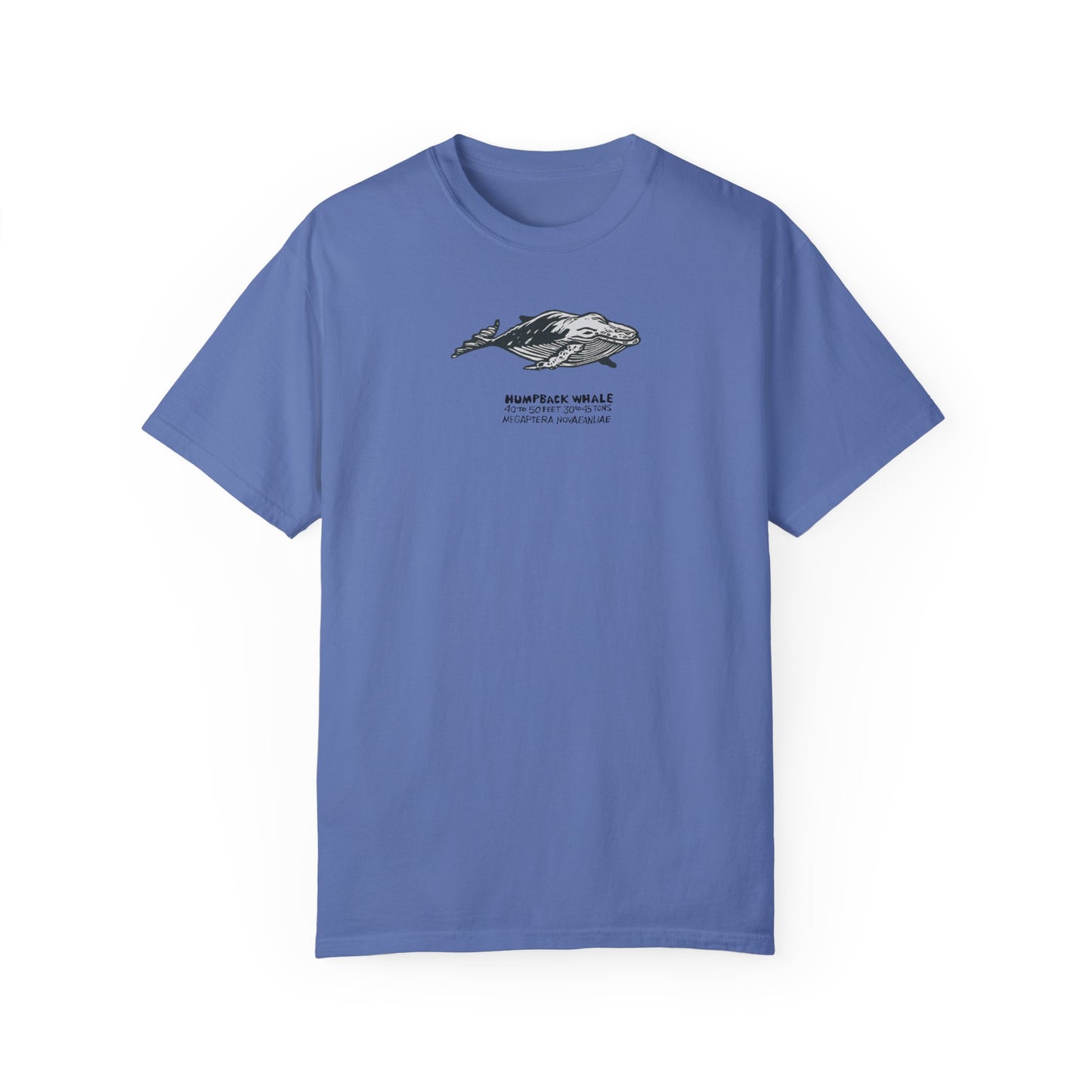Medium shade blue t-shirt featuring a black and gray linoleum block print illustration of a humpback whale. Below the image, text reads "Humpback Whale". Text below that reads 40 to 50 feet 30 to 45 tons with the scientific names: Megaptera Novaeangliae