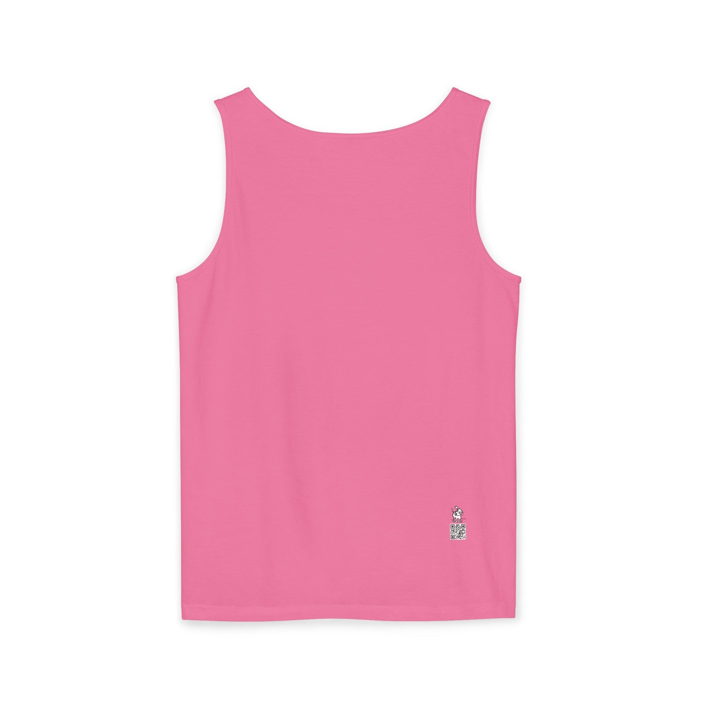 Back view of a bright pink tank top.  There is an approximately 3/4 inch image of the same cartoon-like dog on front with its head tilted and one ear up.  It is above a similar sized QR code on bottom right side of garment.