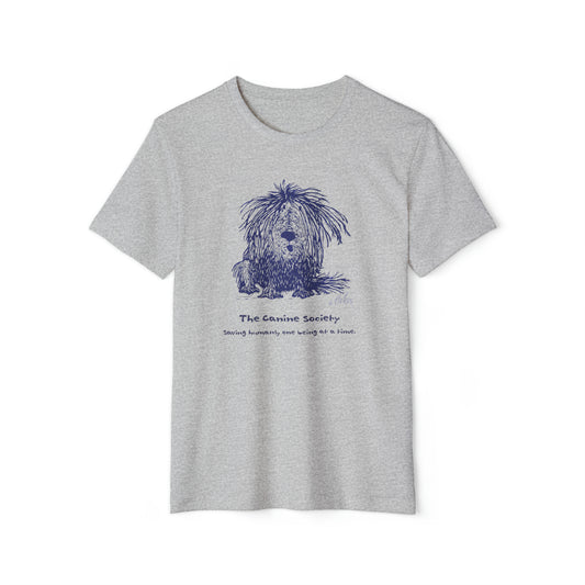 A Shaggy Dog sits on a athletic heather (gray) unisex men's t-shirt. Text below reads: 'Canine Society Saving Humans One Being at a Time.'