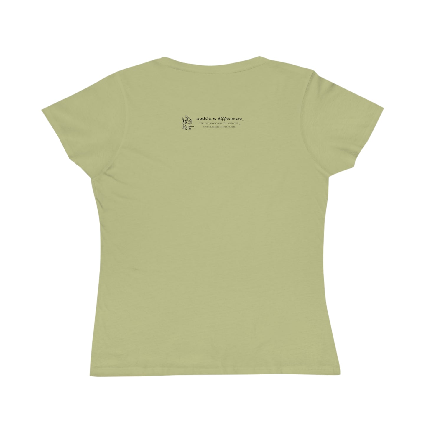Wasabi green colored women's t-shirt viewed from the back, featuring small black text and a simple cartoon graphic centered near the upper back. The text reads “Makin’ a Difference. makinadifference.com” with line below "Feeling Good Inside & Out" with a small illustration of a dog next to it.ab green colored women's