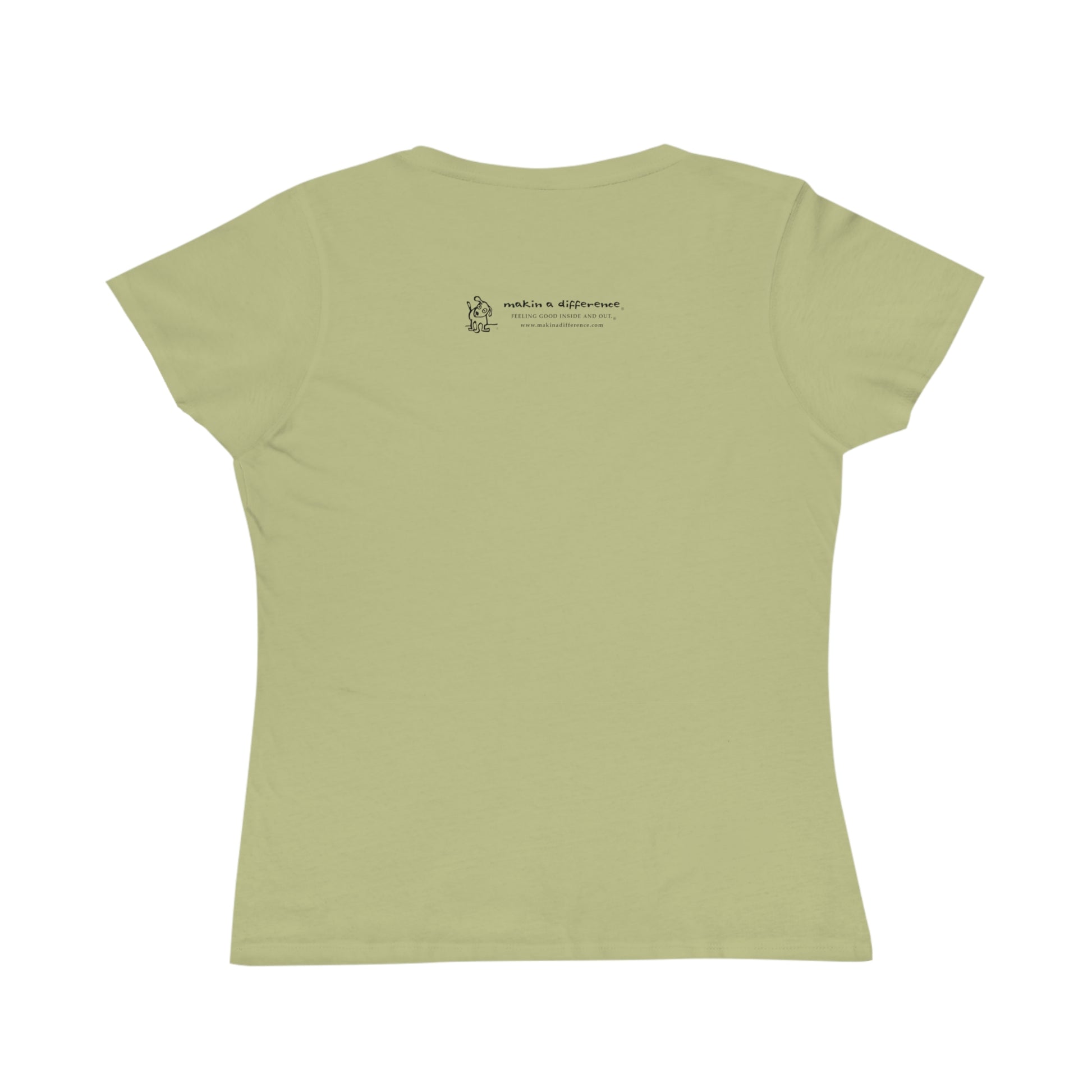 Wasabi green colored women's t-shirt viewed from the back, featuring small black text and a simple cartoon graphic centered near the upper back. The text reads “Makin’ a Difference. makinadifference.com” with line below "Feeling Good Inside & Out" with a small illustration of a dog next to it.ab green colored women's
