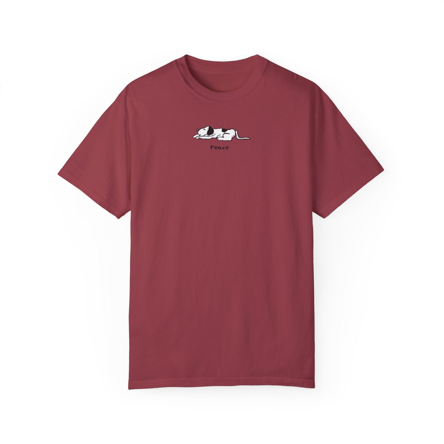 Dark red unisex t-shirt featuring a simple black and white illustration of a sleeping dog above the word "Peace" printed on the chest.