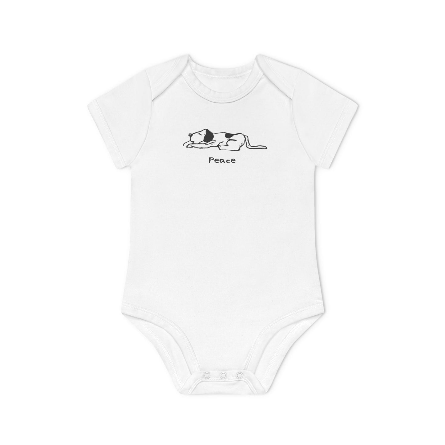 White short sleeve onesie baby bodysuit featuring a simple black and white illustration of a sleeping dog above the word "Peace" printed on the chest.