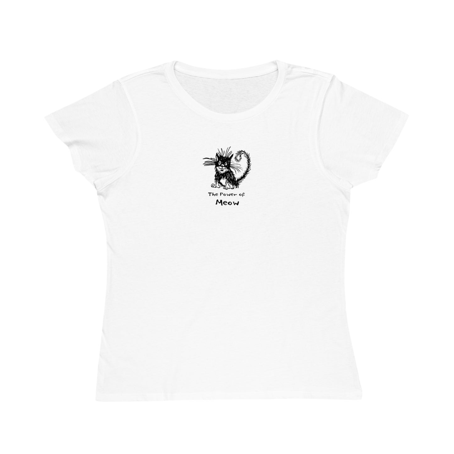 White women's t-shirt featuring a cartoon illustration of a scruffy black-and-white cat with its fur standing up, sitting calmly. Below the cat is the text “The Power of Meow” in a playful font.
