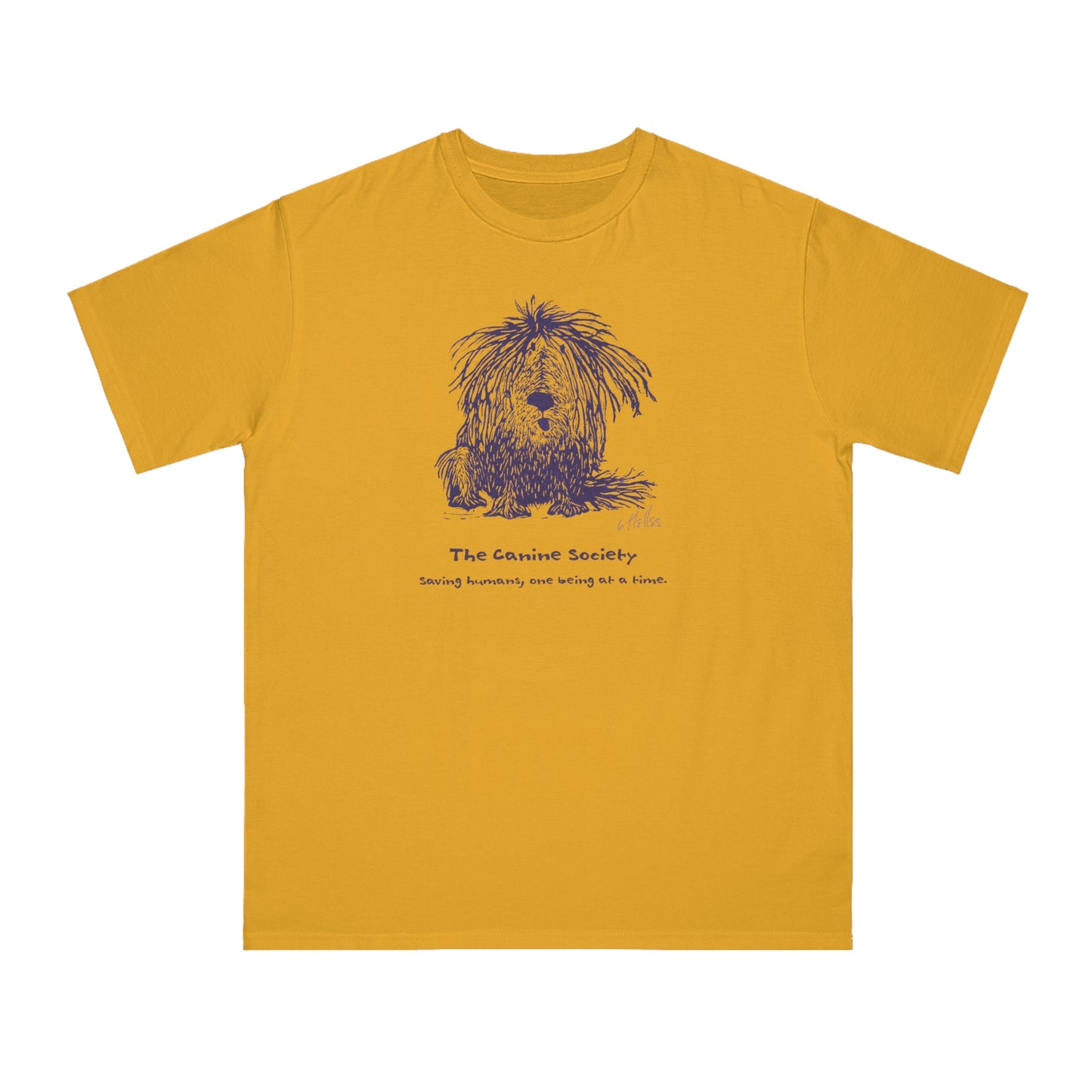 Golden yellow colored unisex t-shirt featuring a linoleum print image in dark blue ink of a sitting shaggy dog. Text below the image reads "The Canine Society" and "Saving humans, one being at a time."