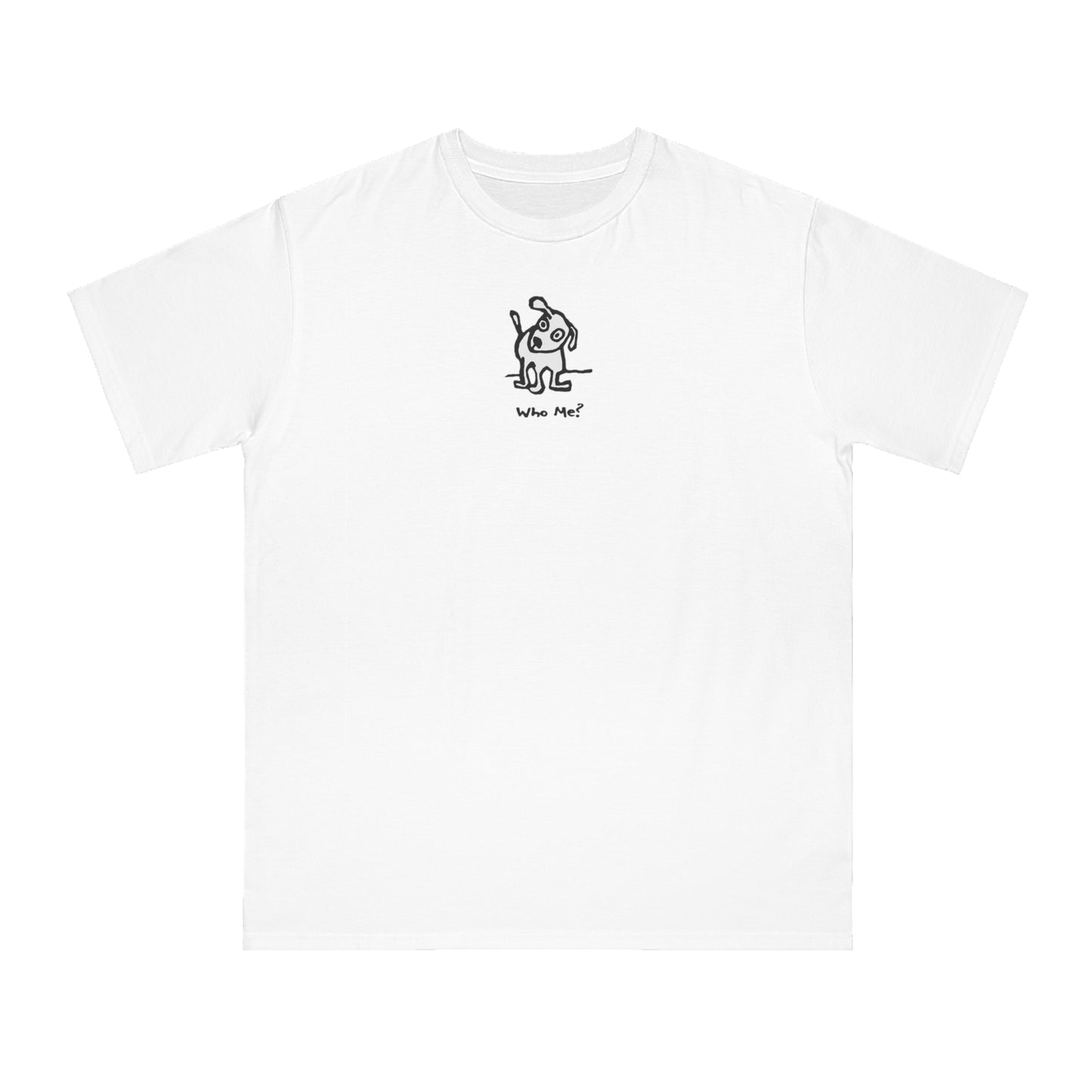 White dog with head cocked to one side on white unisex men's t-shirt. Text under image reads Who Me