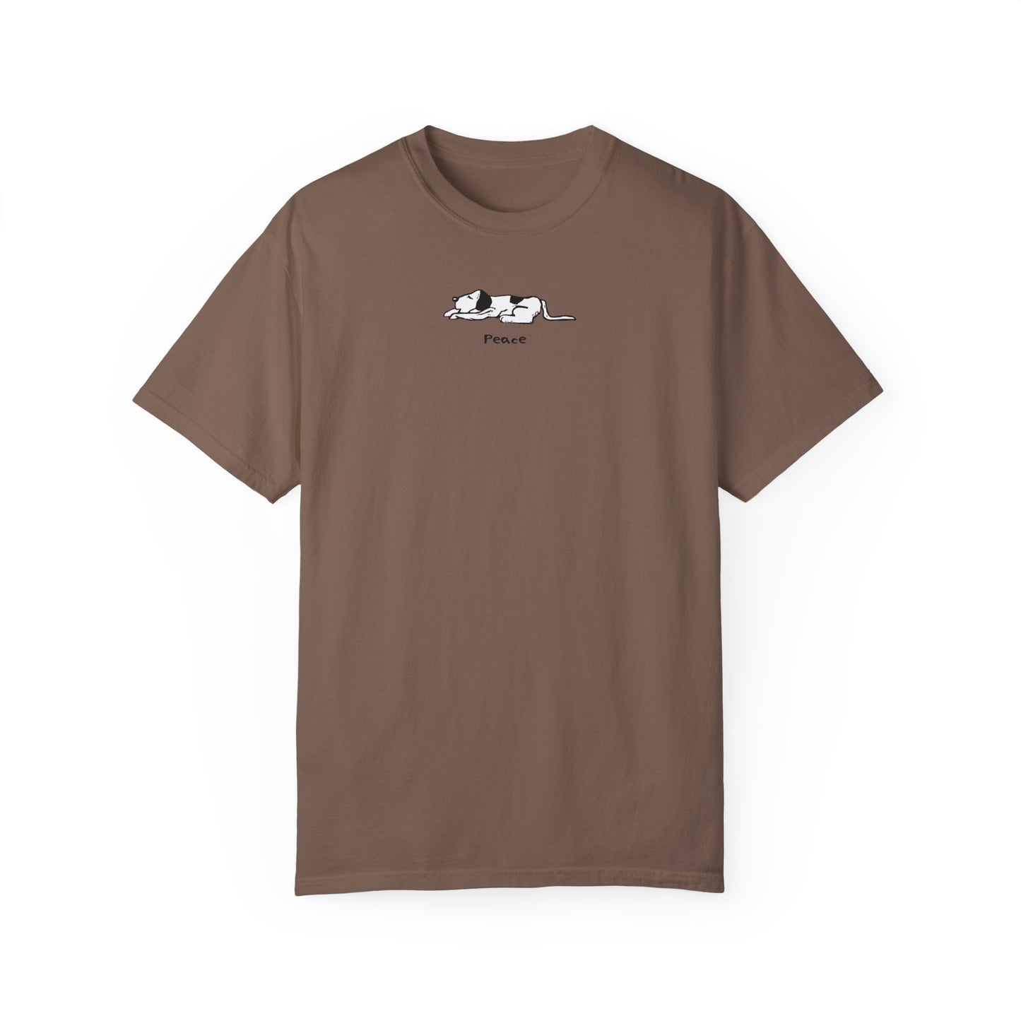 Expresso-colored or brown colored unisex t-shirt featuring a simple black and white illustration of a sleeping dog above the word "Peace" printed on the chest.