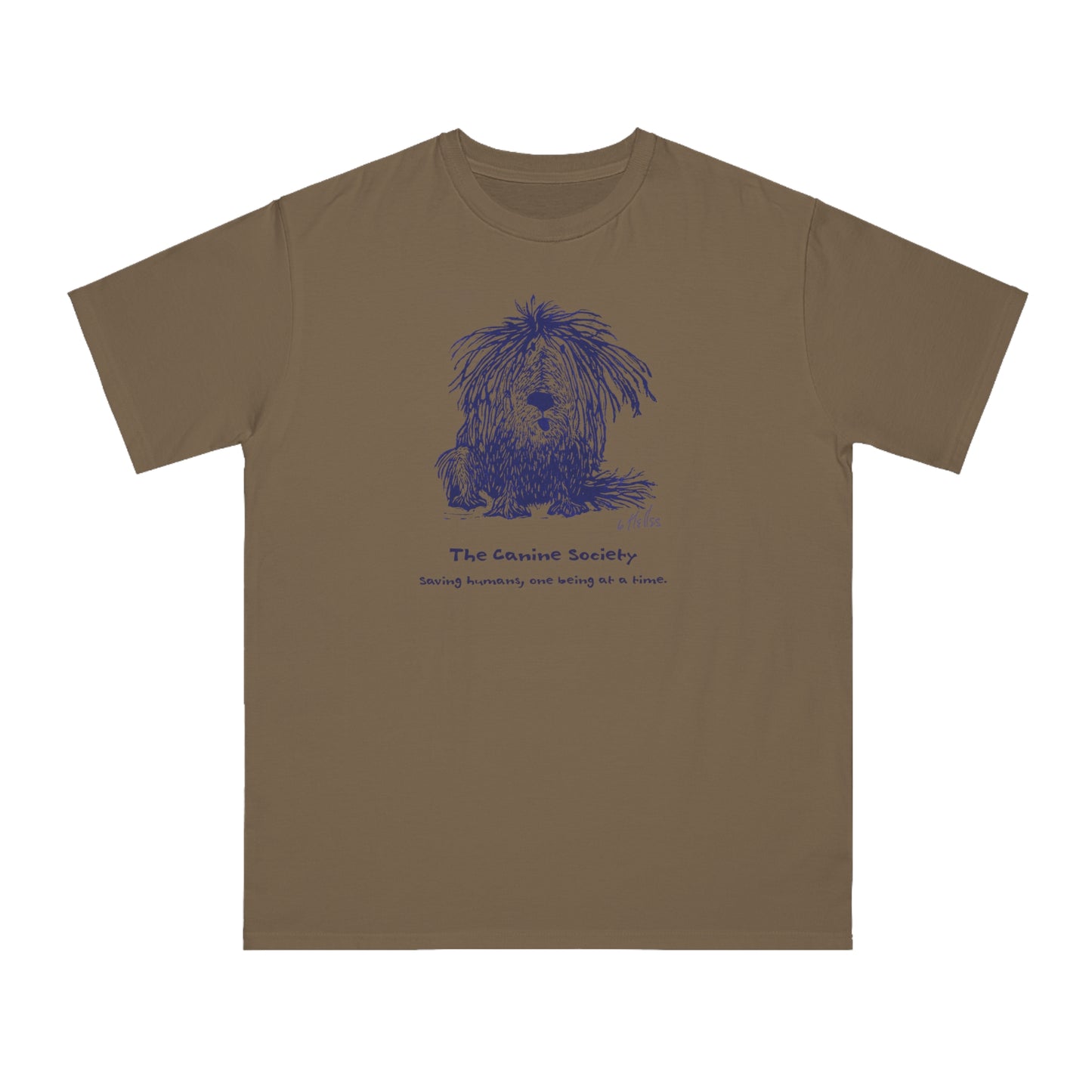 Brown unisex t-shirt featuring a linoleum print image in dark blue ink of a sitting shaggy dog. Text below the image reads "The Canine Society" and "Saving humans, one being at a time."