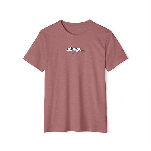 Rust red colored t-shirt featuring a black and white cartoon-style lying down sleeping dog with the word “Peace” written below.