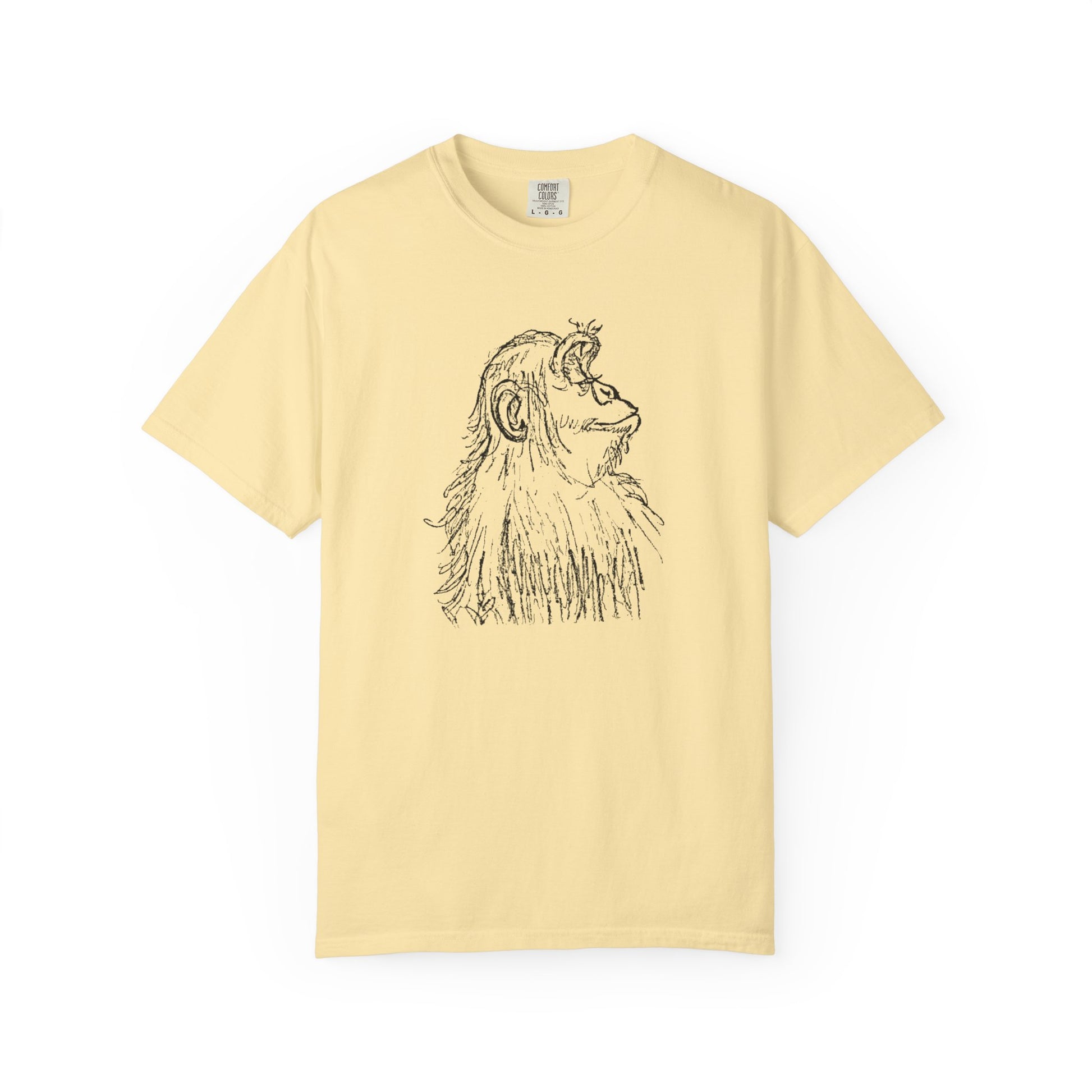 Banana T-shirt 'Embrace the Monkey Mind' with black sketch of an ape in profile looking right