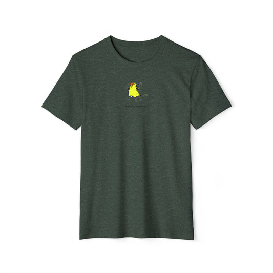 Yellow flying bird with orange beak on heather forest green color unisex men's t-shirt. Text under image says No Worries