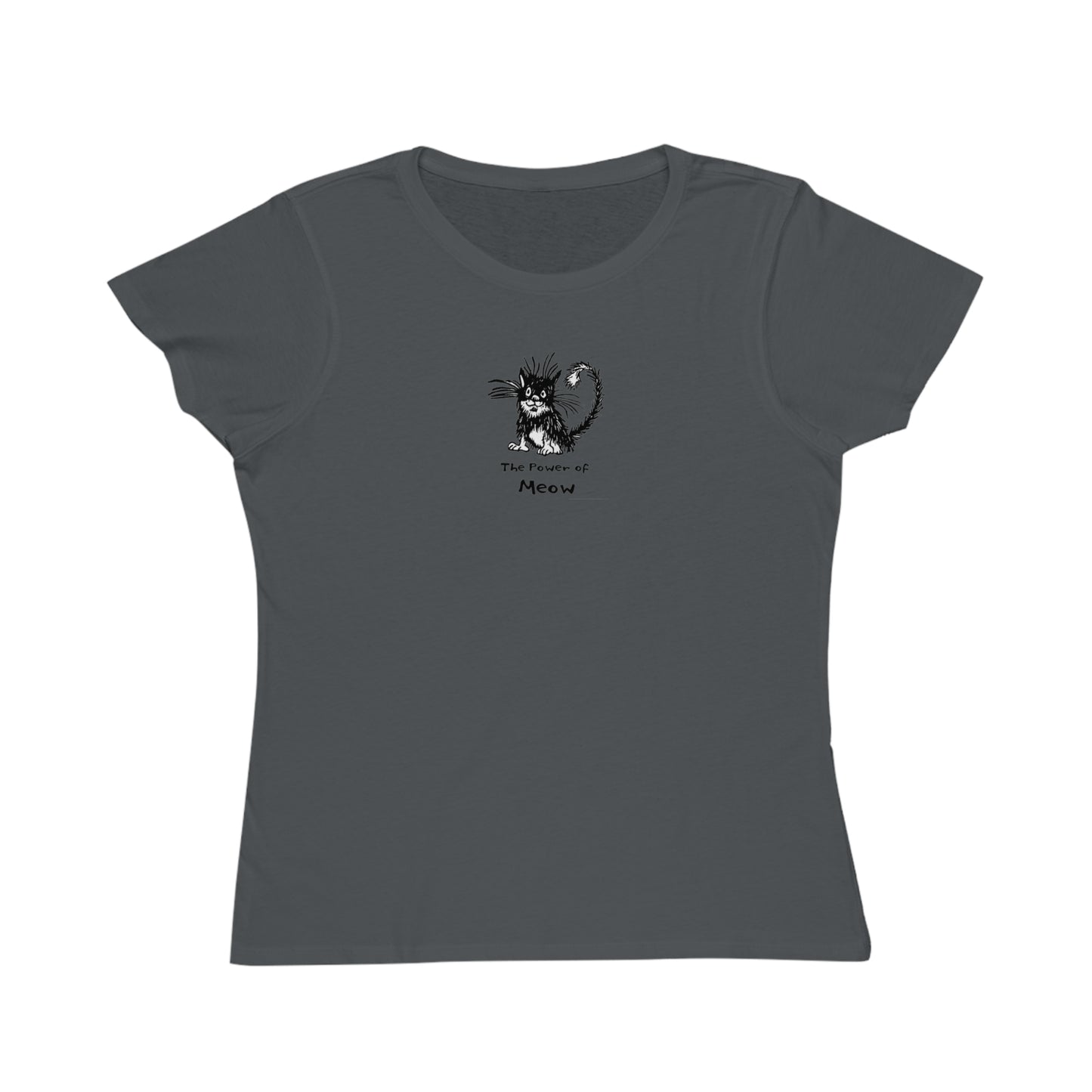 Charcoal colored women's t-shirt featuring a cartoon illustration of a scruffy black-and-white cat with its fur standing up, sitting calmly. Below the cat is the text “The Power of Meow” in a playful font.