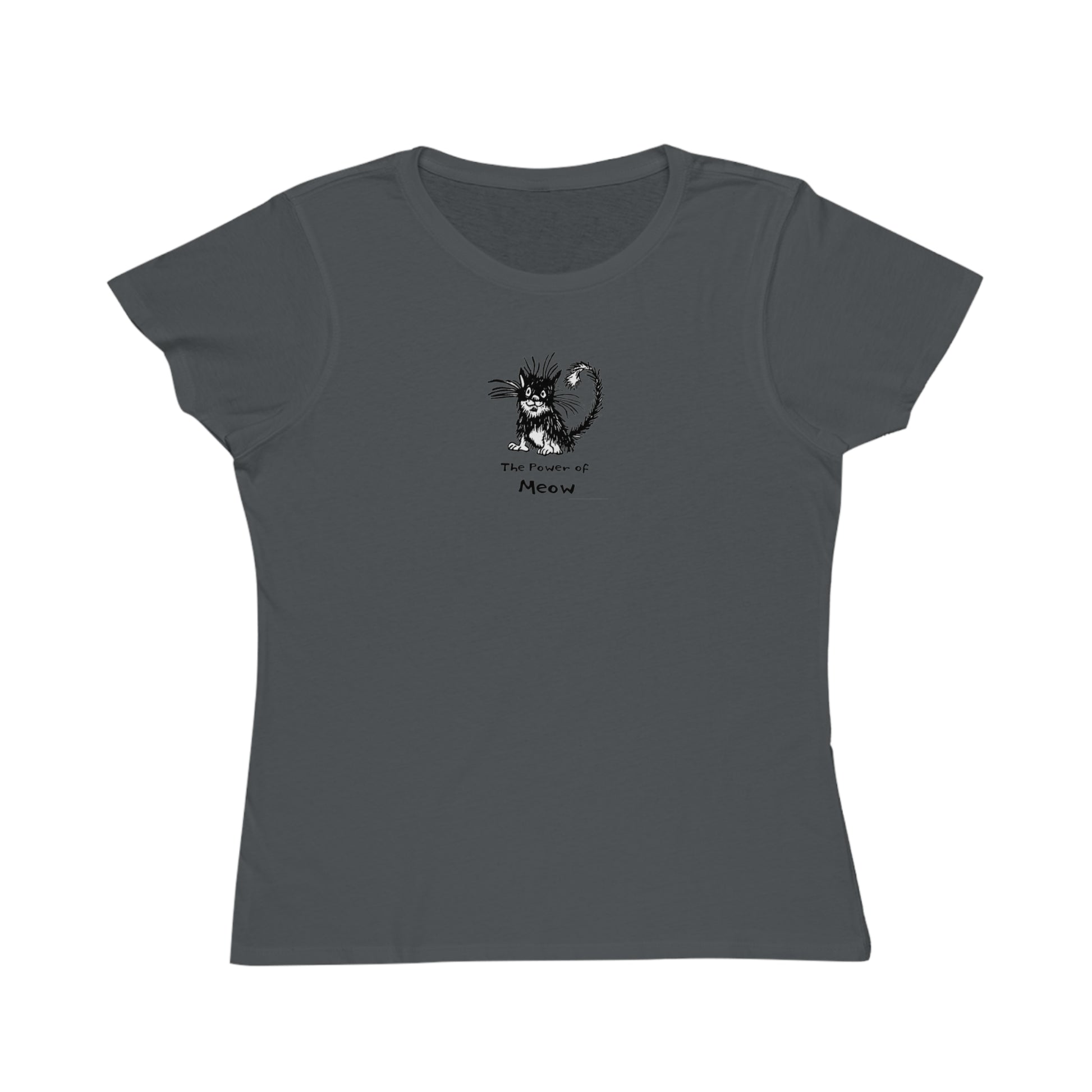 Charcoal colored women's t-shirt featuring a cartoon illustration of a scruffy black-and-white cat with its fur standing up, sitting calmly. Below the cat is the text “The Power of Meow” in a playful font.
