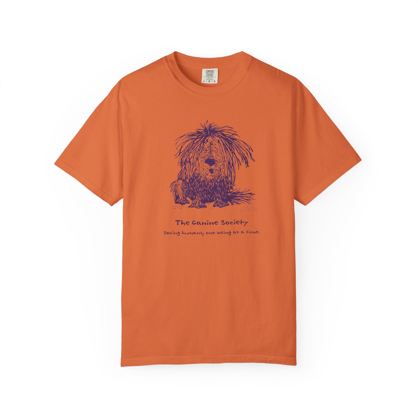 Orange unisex t-shirt featuring a linoleum print image of a shaggy dog in dark blue ink. Text below the image reads "The Canine Society" and "Saving humans, one being at a time."