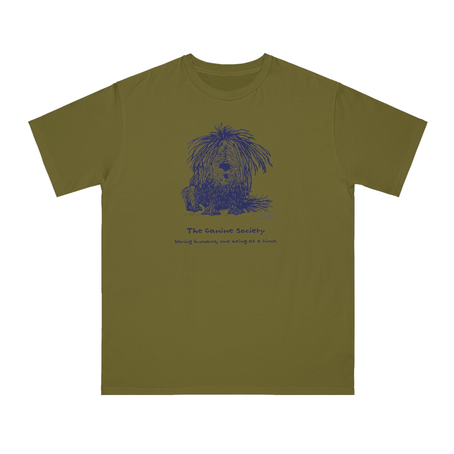 Olive green colored unisex t-shirt featuring a linoleum print image in dark blue ink of a sitting shaggy dog. Text below the image reads "The Canine Society" and "Saving humans, one being at a time."