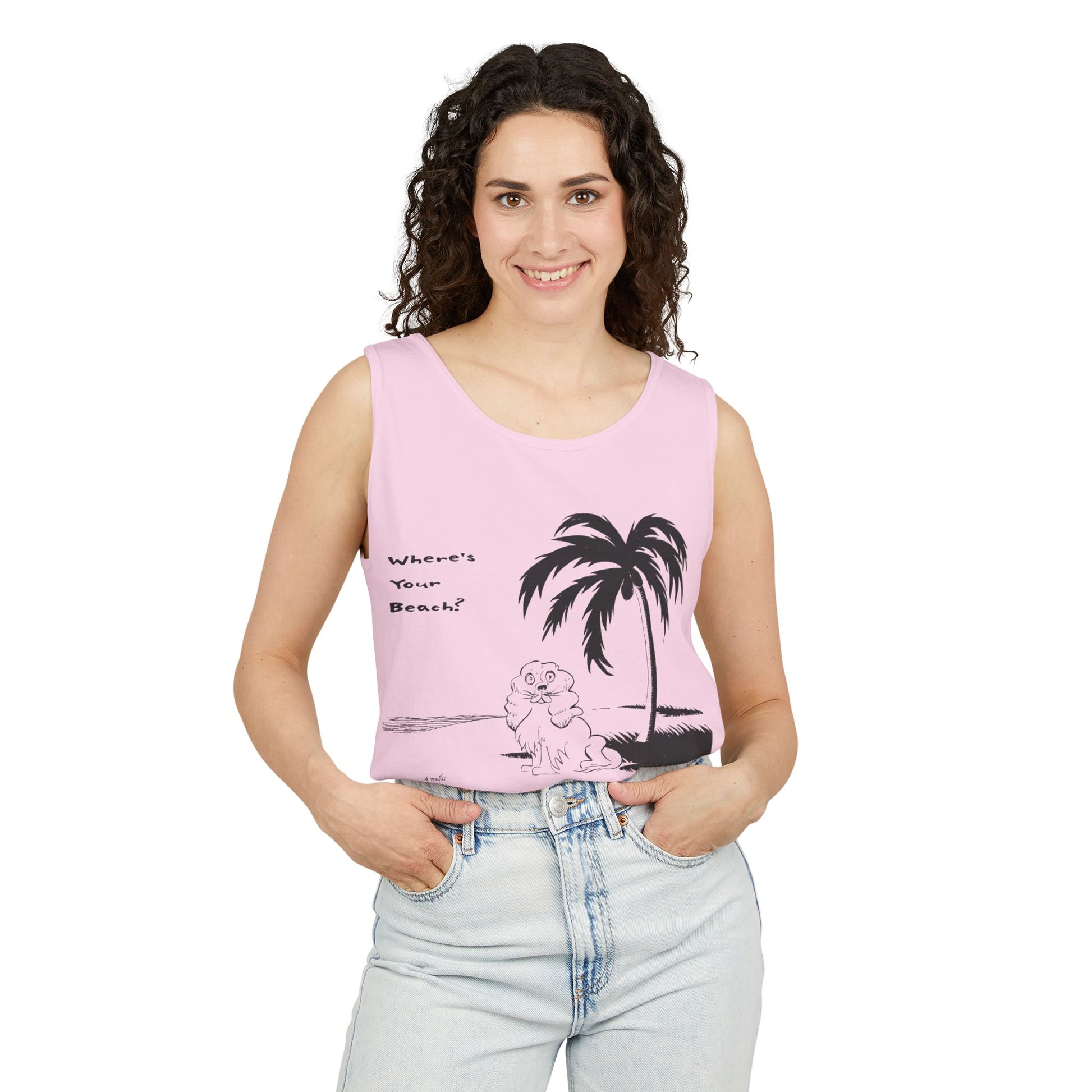 Woman wearing light pink colored tank top with image of cocker spaniel on beach under palm tree with text reading Where's Your Beach?