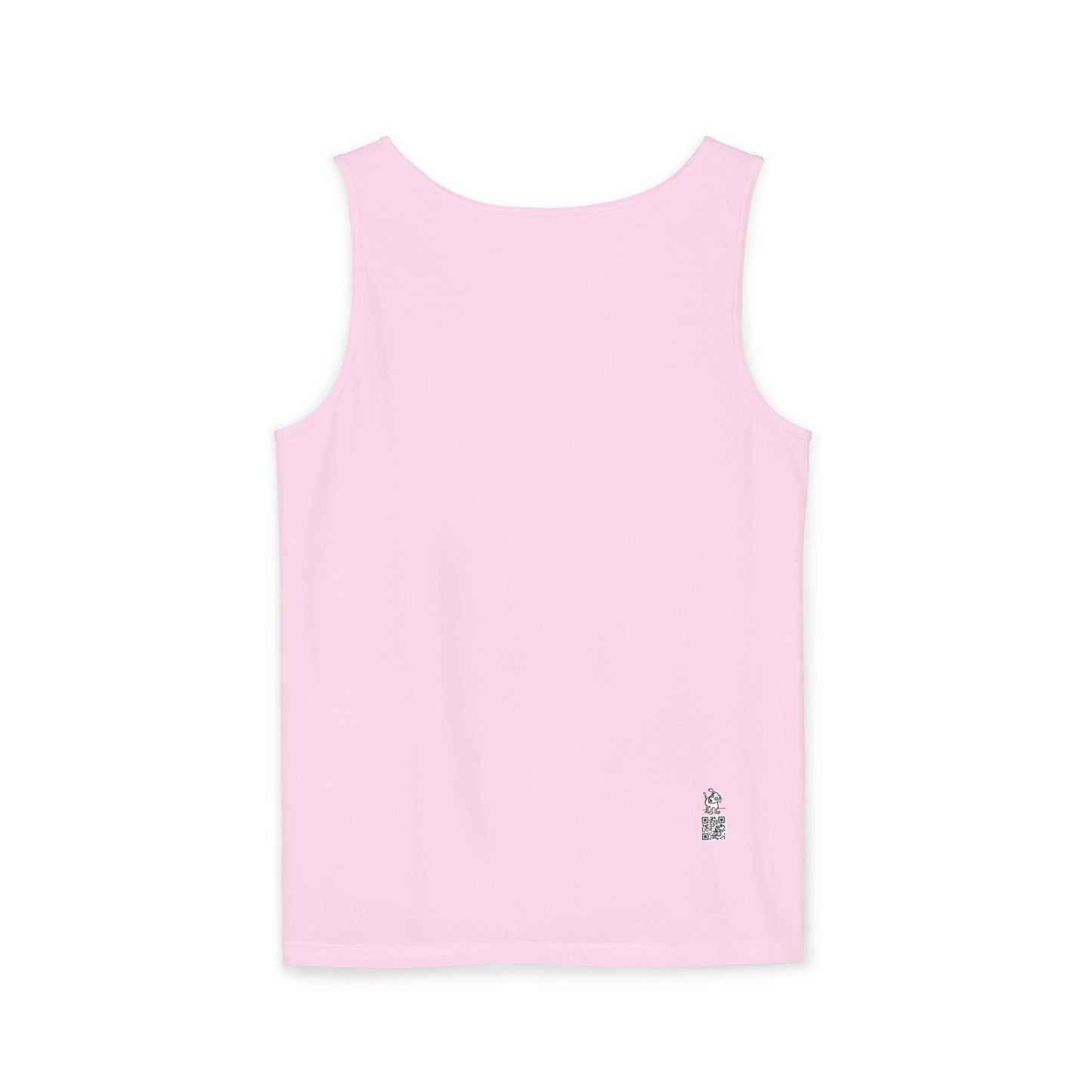 Back view of a light pink tank top.  There is an approximately 3/4 inch image of the same cartoon-like dog on front with its head tilted and one ear up.  It is above a similar sized QR code on bottom right side of garment.