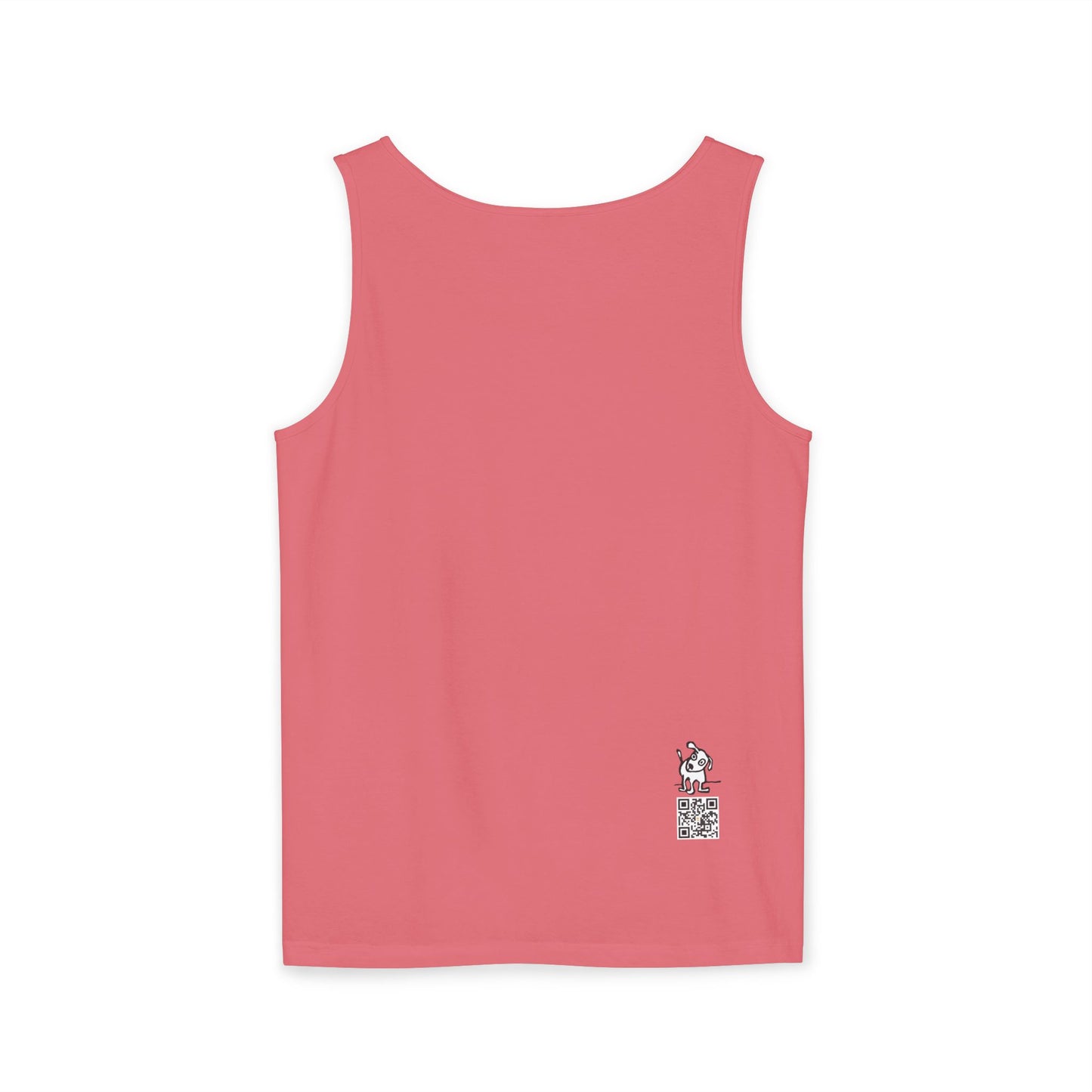 Back of watermelon red Comfort Colors tank top with small Who Me? dog logo above small QR code printed on lower right side.