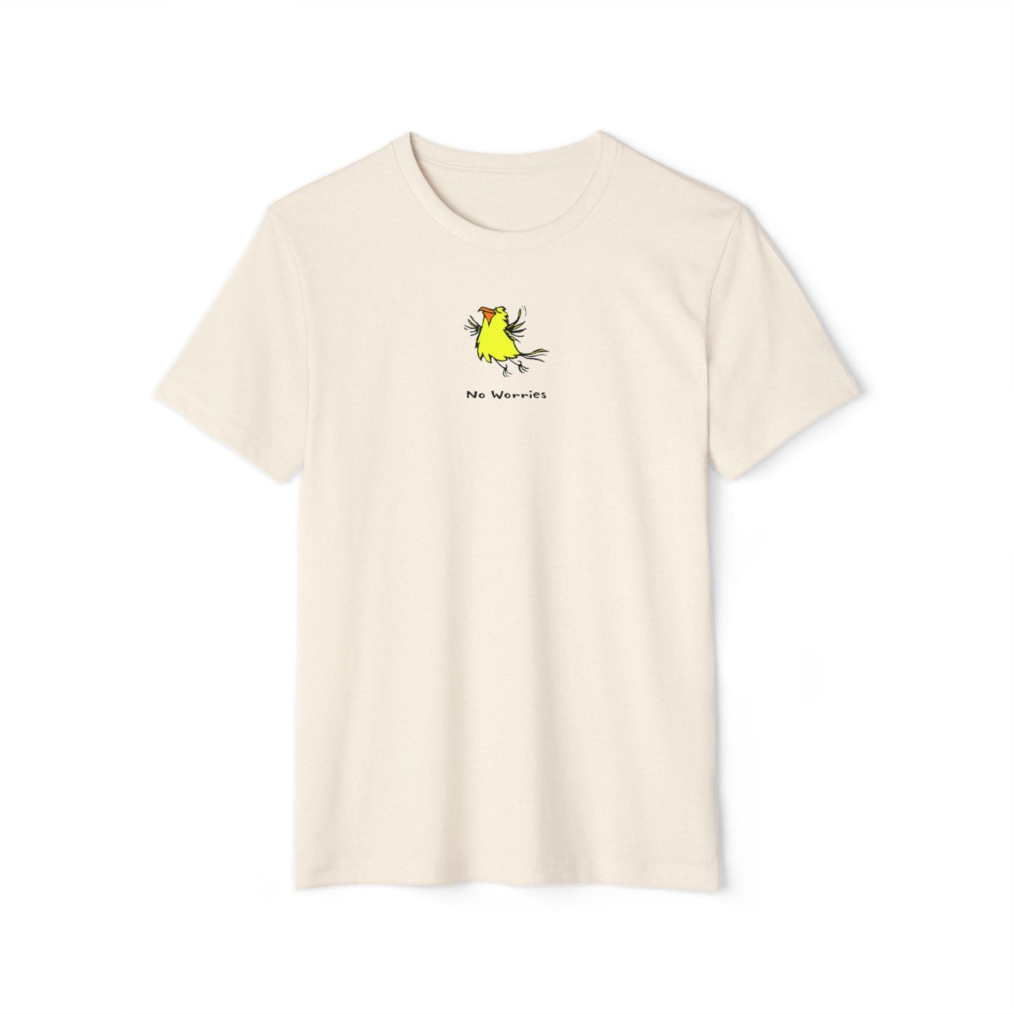 Off white t-shirt featuring a small, centered linocut-style illustration of a happy looking flying yellow bird with an orange beak.  Below the artwork is the phrase “No Worries.”