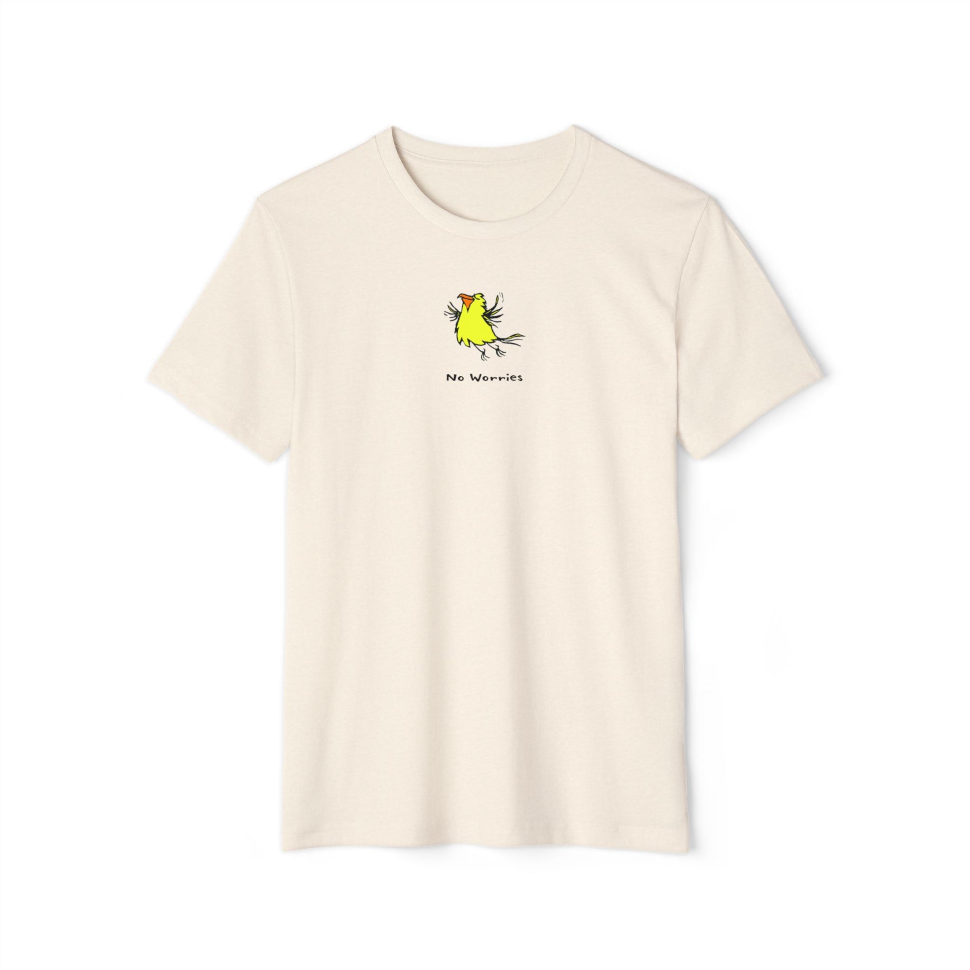 Off white t-shirt featuring a small, centered linocut-style illustration of a happy looking flying yellow bird with an orange beak.  Below the artwork is the phrase “No Worries.”