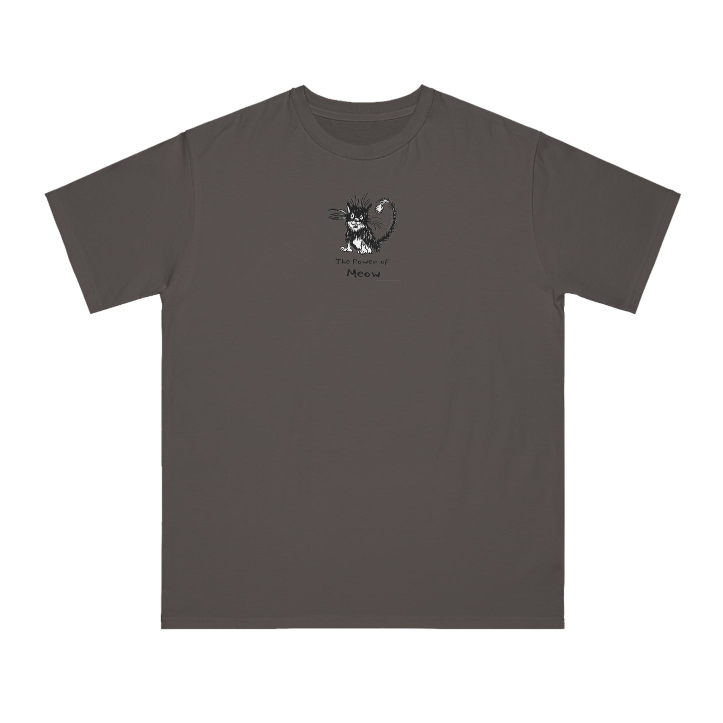 Dark gray or slate colored t-shirt featuring a cartoon illustration of a scruffy black-and-white cat with its fur standing up, sitting calmly. Below the cat is the text “The Power of Meow” in a playful font.