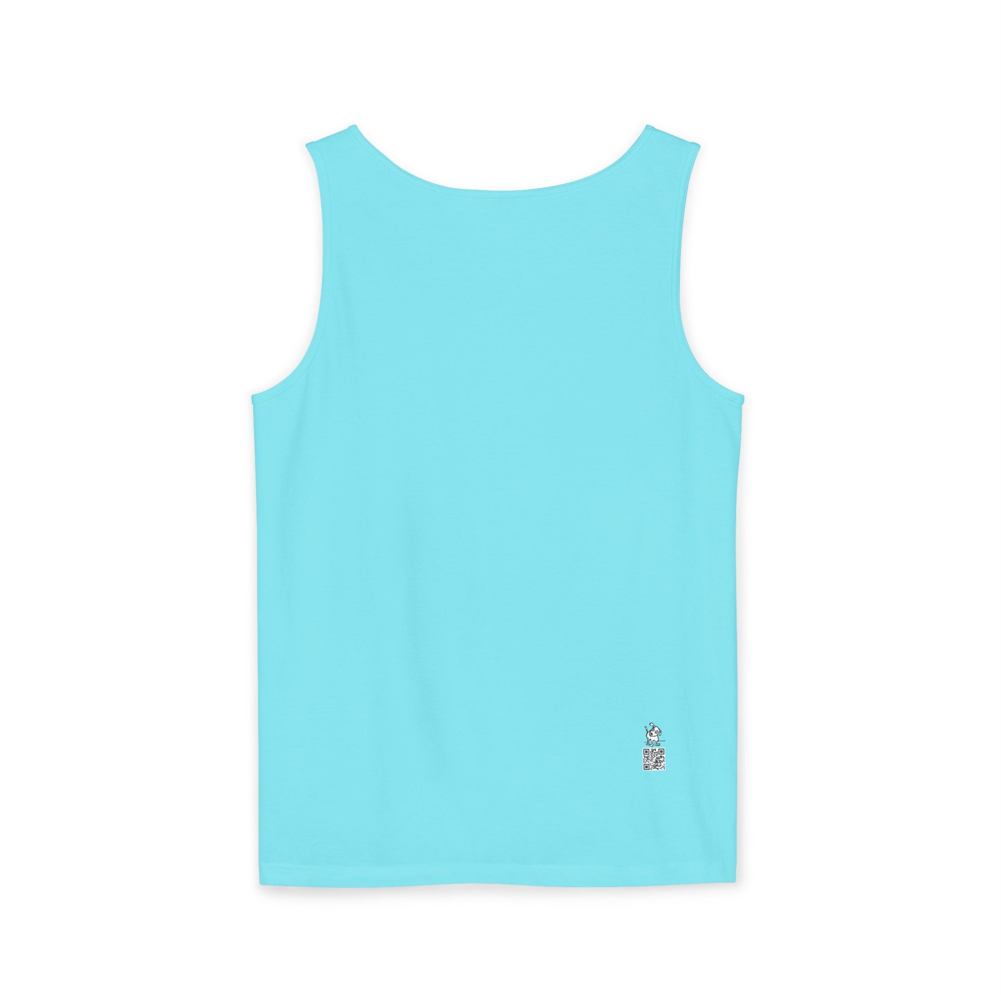 Back view of a bright aquamarine blue tank top.  There is an approximately 3/4 inch image of the same cartoon-like dog on front with its head tilted and one ear up.  It is above a similar sized QR code on bottom right side of garment.