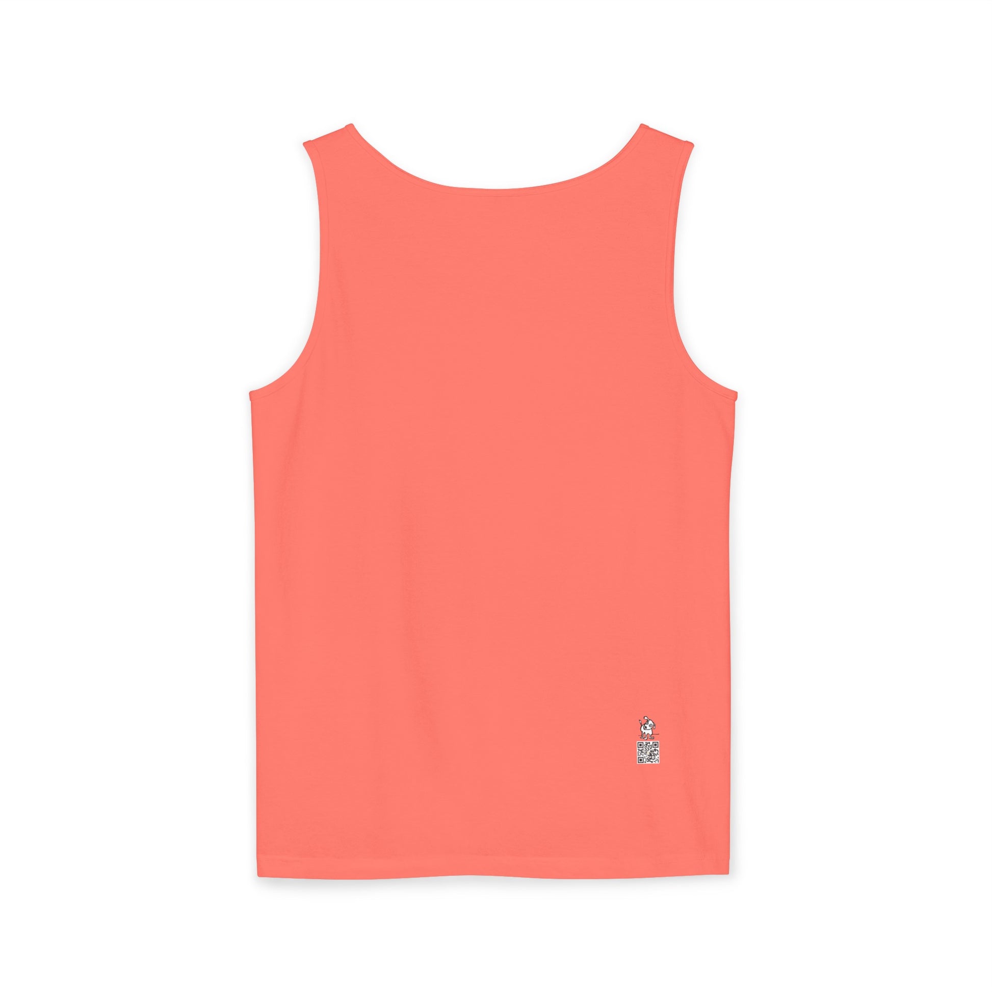 Back view of a orange-reddish or saffron colored tank top.  There is an approximately 3/4 inch image of the same cartoon-like dog on front with its head tilted and one ear up.  It is above a similar sized QR code on bottom right side of garment.