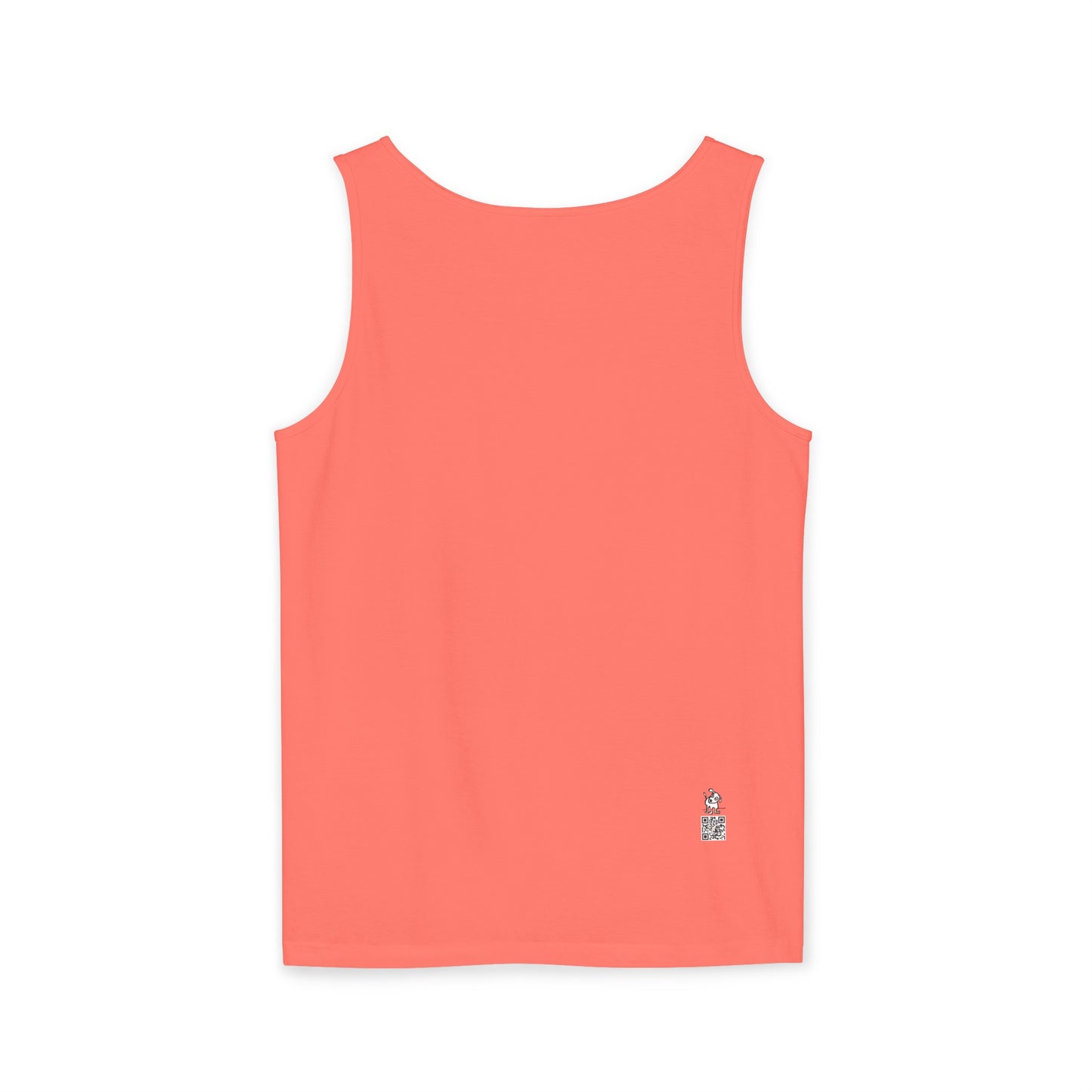 Back of neon red orange Comfort Colors tank top with Who Me? Dog logo above QR code on bottom right
