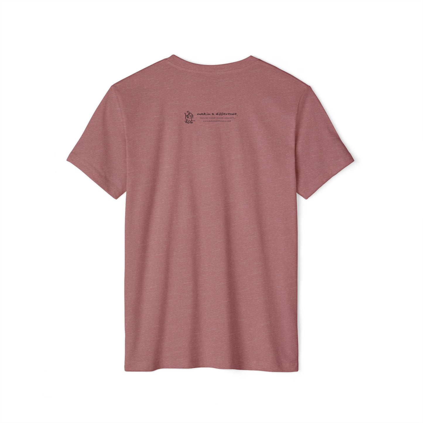 Heather red colored t-shirt viewed from the back, featuring small black text and a simple cartoon graphic centered near the upper back. The text reads “Makin’ a Difference. makinadifference.com” with line below "Feeling Good Inside & Out" with a small illustration of a dog next to it.