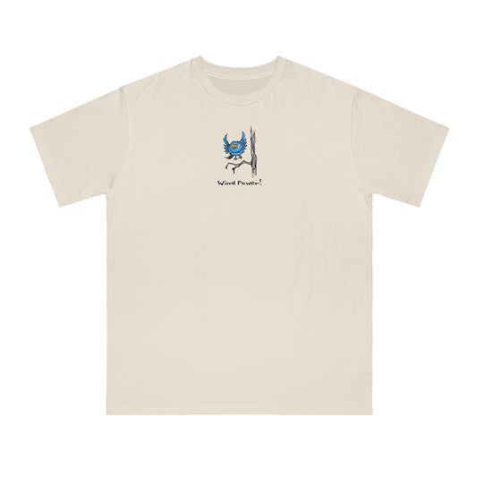Blue bird with orange beak flying over branch on tree on dolphin blue tint color unisex men's t-shirt. Text under it reads Wind Power
