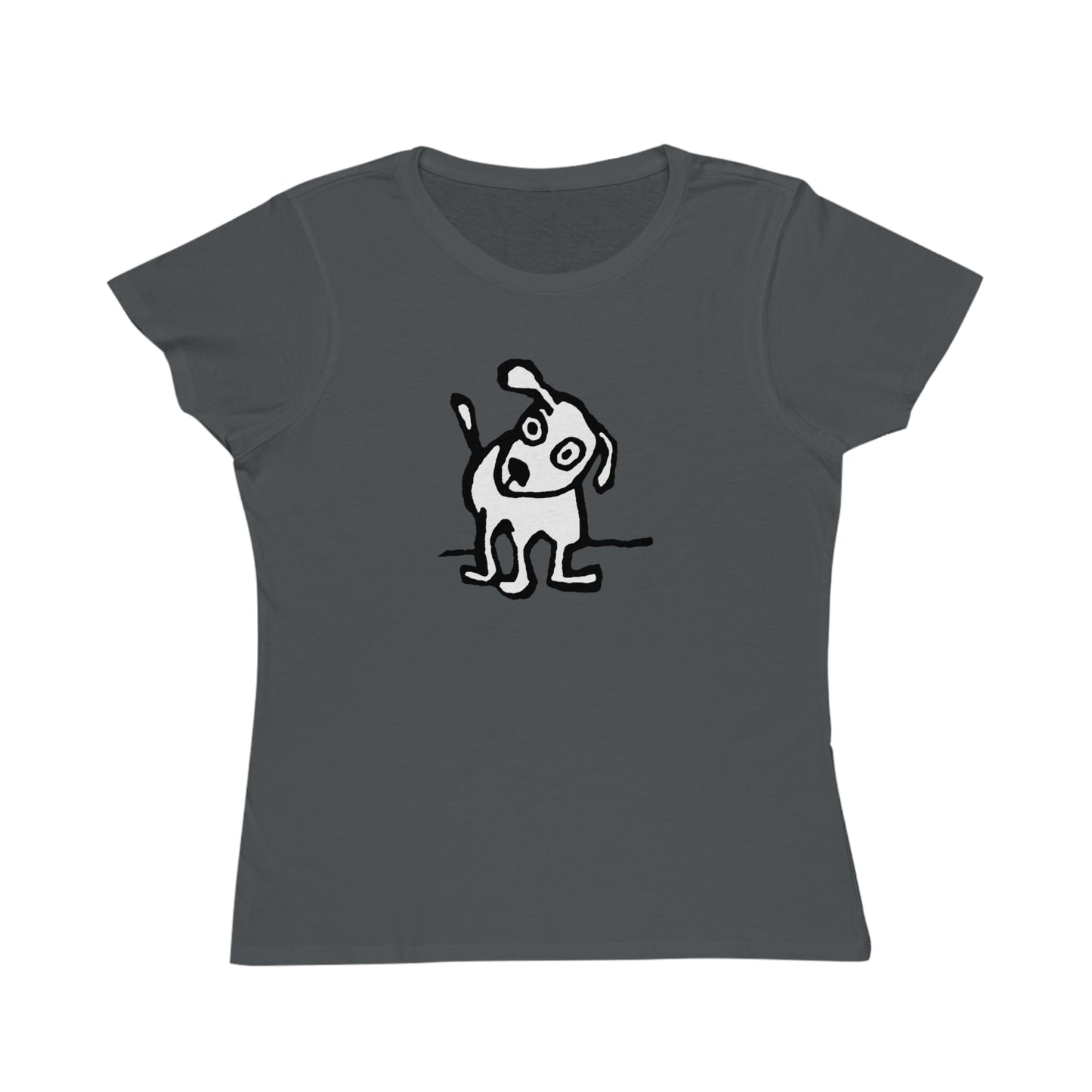 Charcoal colored t-shirt with cap sleeves featuring design of a playful, cartoon-style dog with one ear raised and a wagging tail.