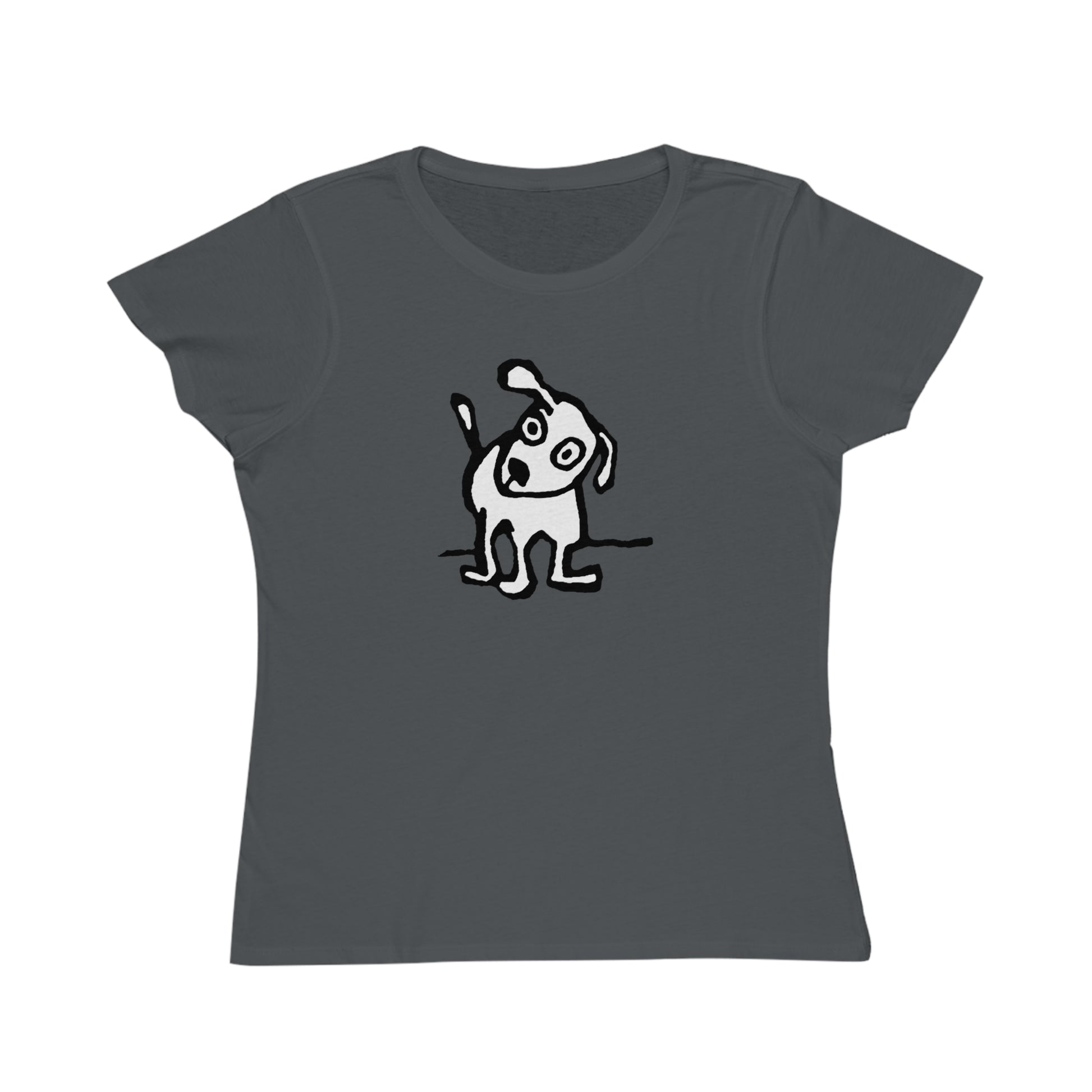 Charcoal colored t-shirt with cap sleeves featuring design of a playful, cartoon-style dog with one ear raised and a wagging tail.