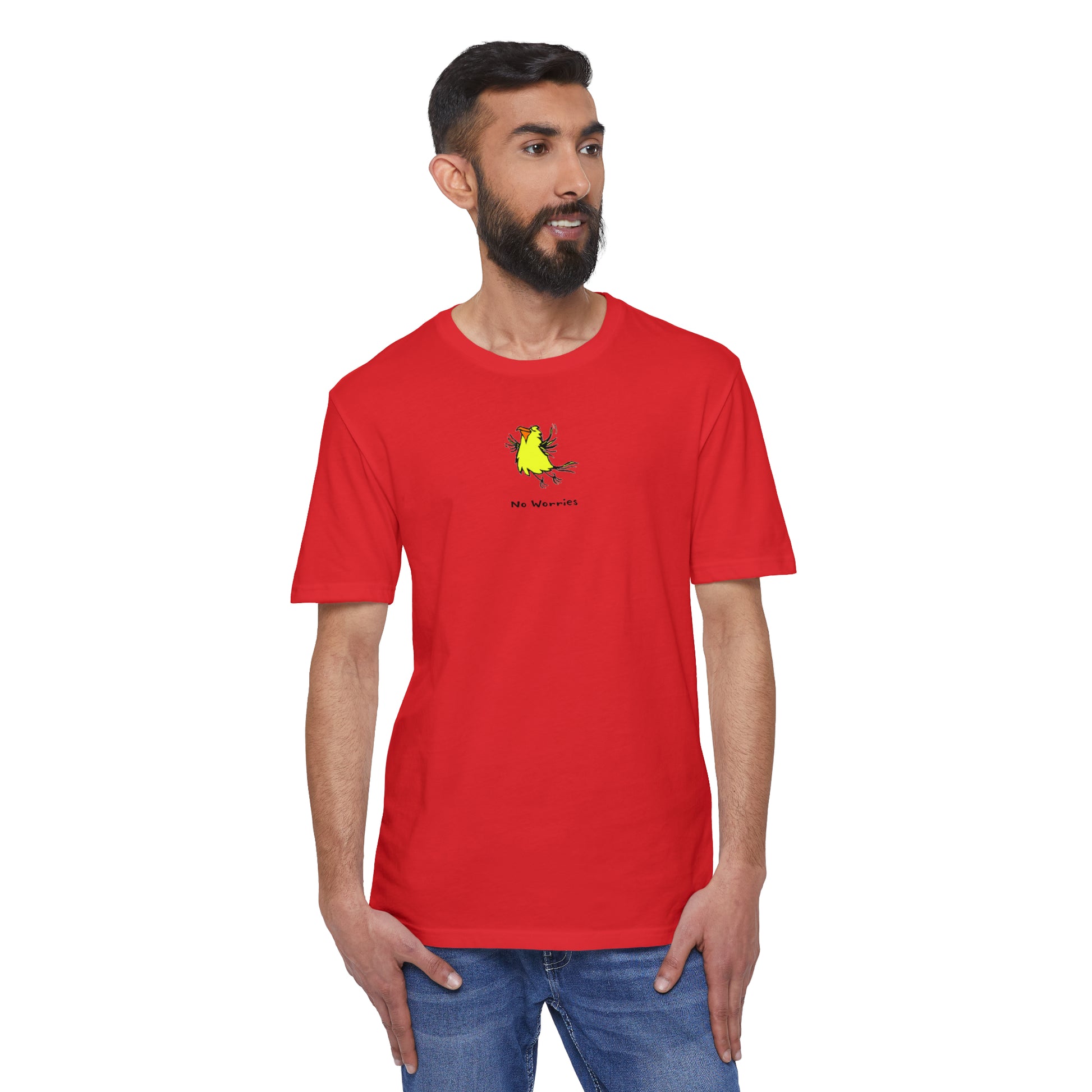No Worries Bird - Ecofriendly tee shirt.  Small flying yellow joyful bird.