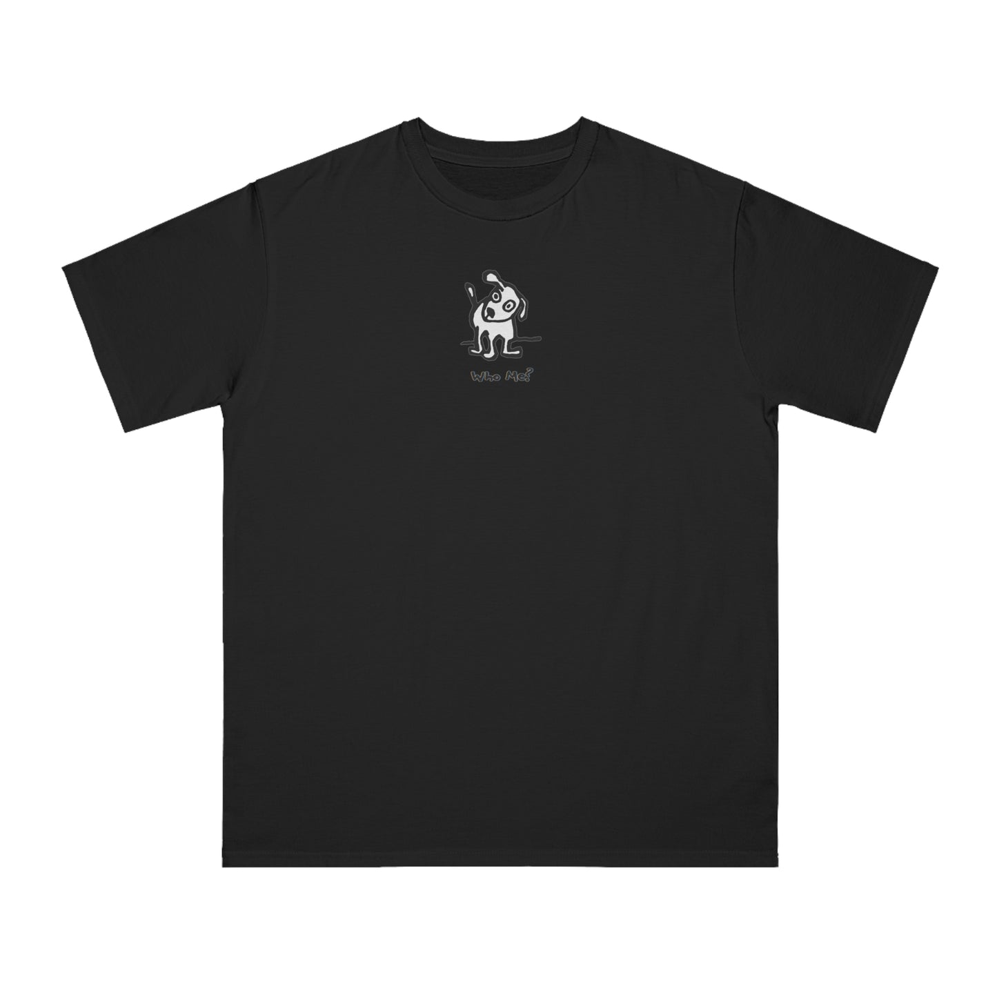 White dog with head cocked to one side on black color unisex men's t-shirt. Text under image reads Who Me