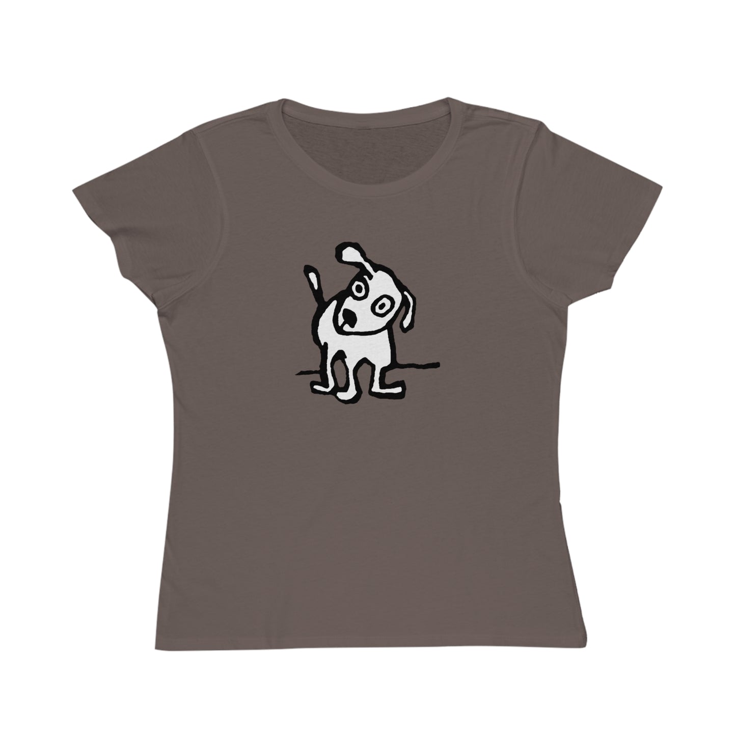 Light grayish-brown colored t-shirt with cap sleeves featuring design of a playful, cartoon-style dog with one ear raised and a wagging tail.