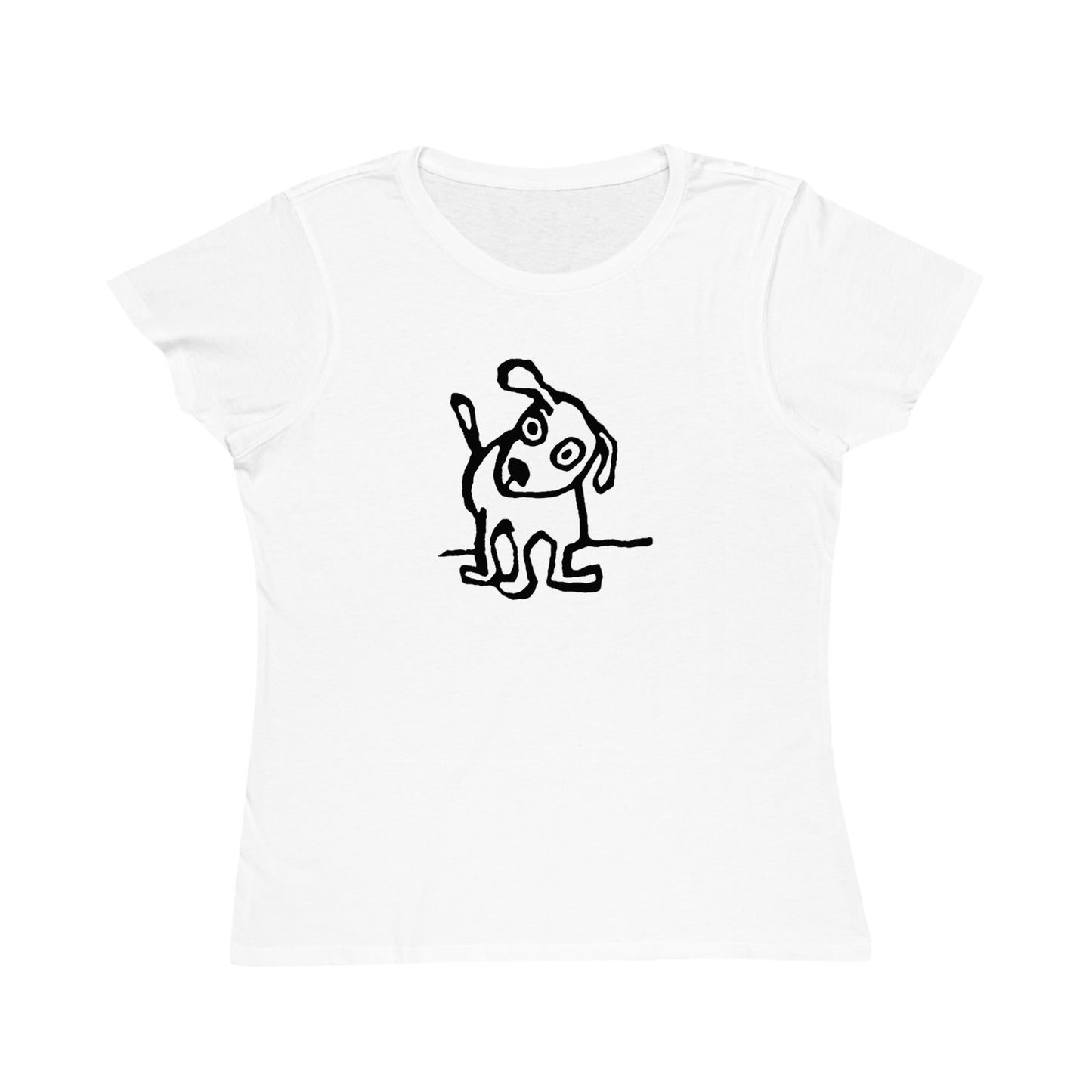 White  t-shirt with cap sleeves featuring design of a playful, cartoon-style dog with one ear raised and a wagging tail.
