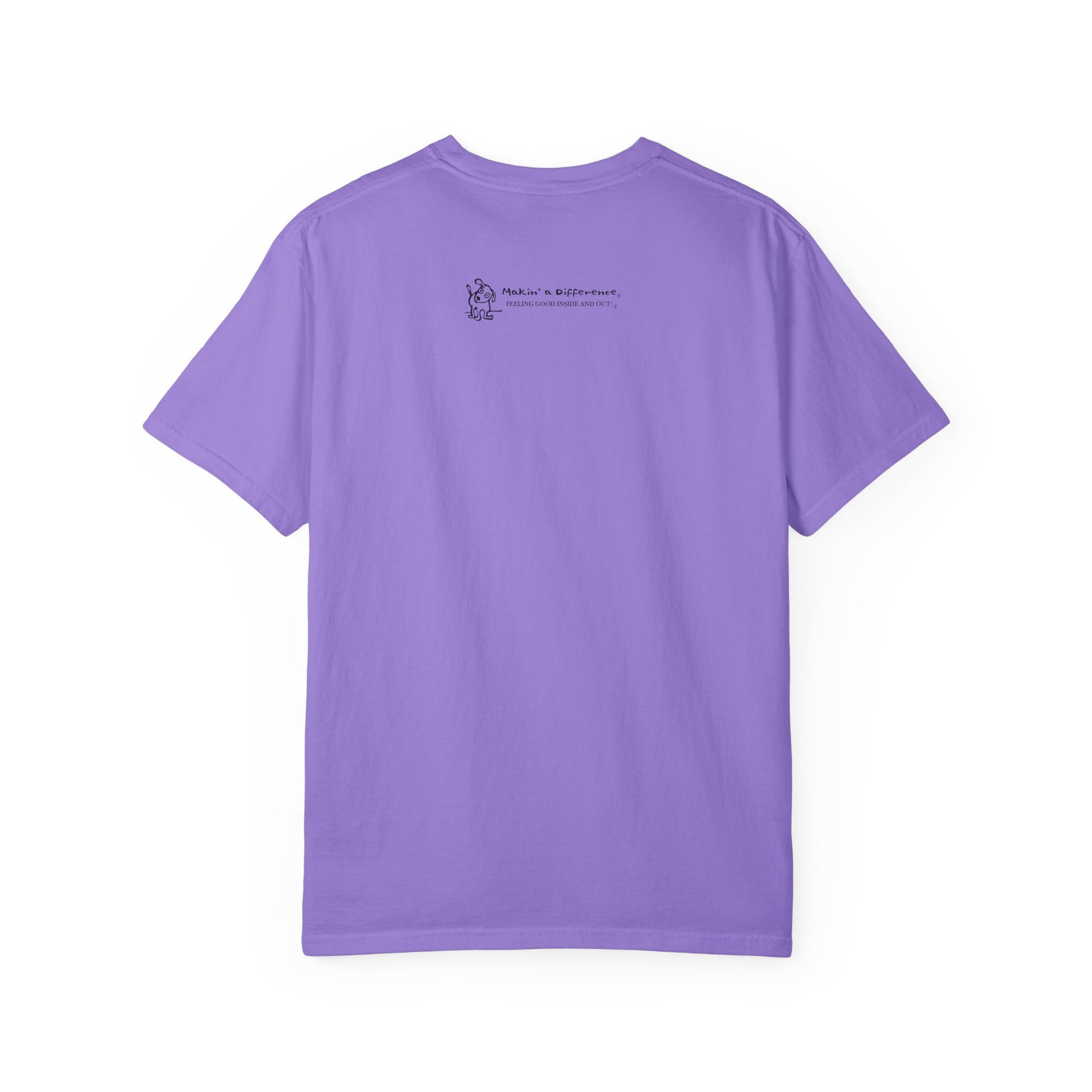 Violet colored short-sleeve t-shirt viewed from the back, featuring small black text and a simple cartoon graphic centered near the upper back. The text reads “Makin’ a Difference. makinadifference.com” with line below "Feeling Good Inside & Out" with a small illustration of a dog next to it.