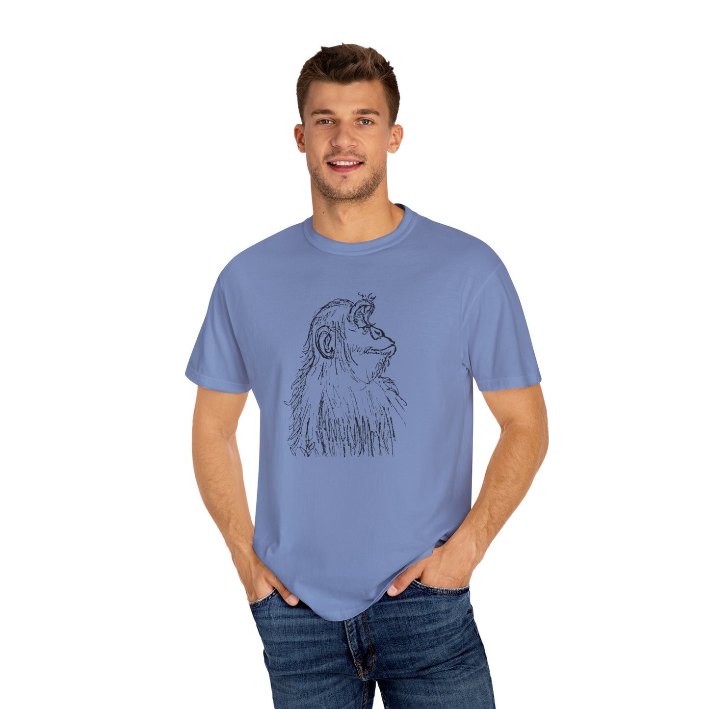 Comfort Colors cotton t-shirt featuring Embrace the Monkey Mind ape artwork by Barry Nelles