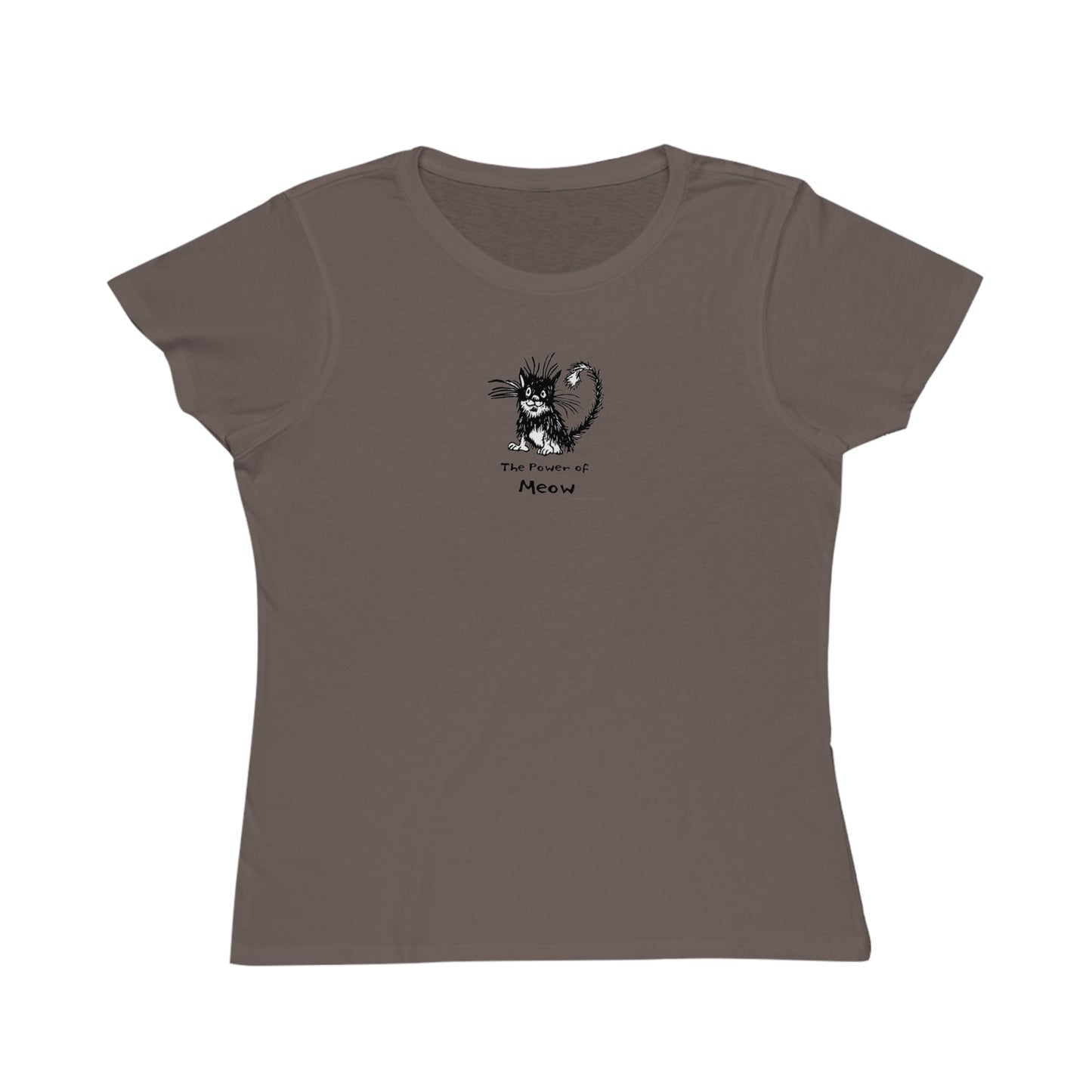 Meteorite brown colored women's t-shirt featuring a cartoon illustration of a scruffy black-and-white cat with its fur standing up, sitting calmly. Below the cat is the text “The Power of Meow” in a playful font.