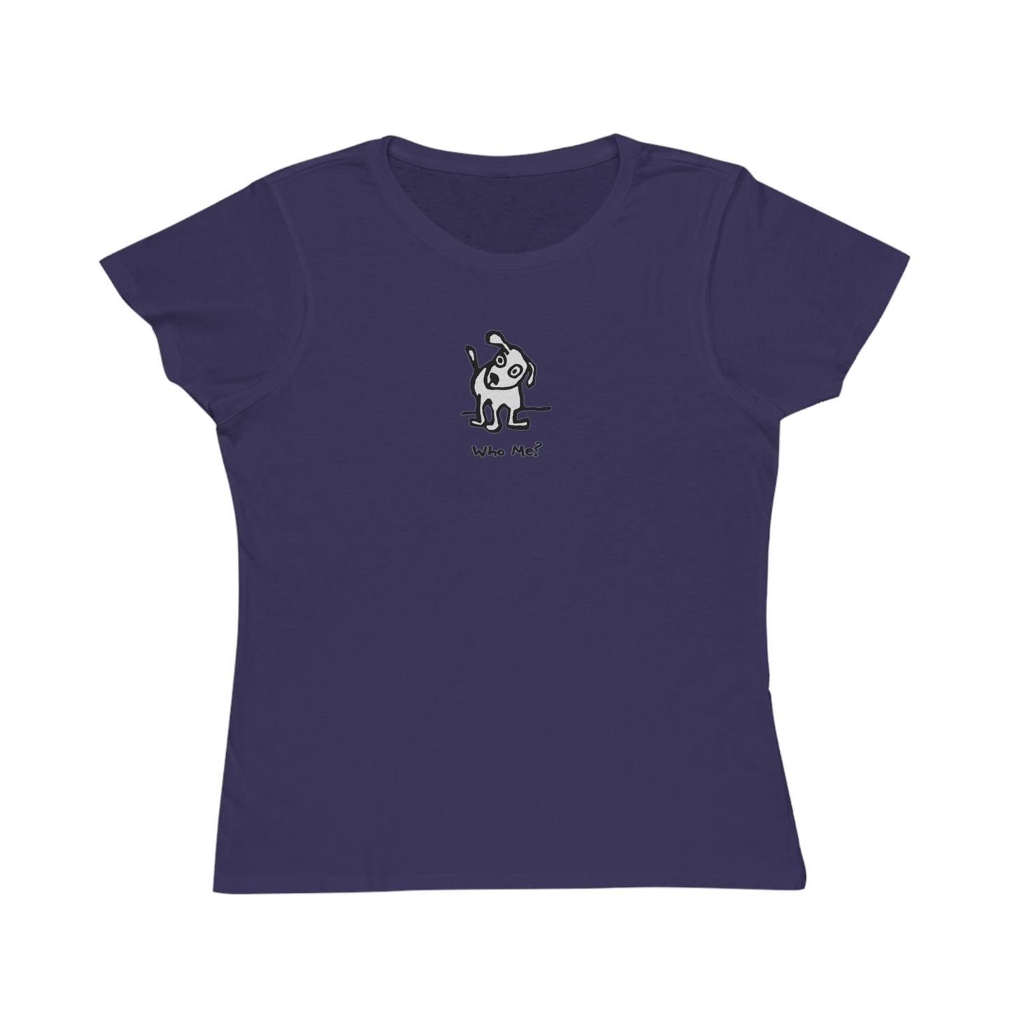 Iris blue  colored women's t-shirt featuring a small, centered linocut-style illustration of a cartoon dog with a raised ear and tilted head, standing above the caption “Who Me?”