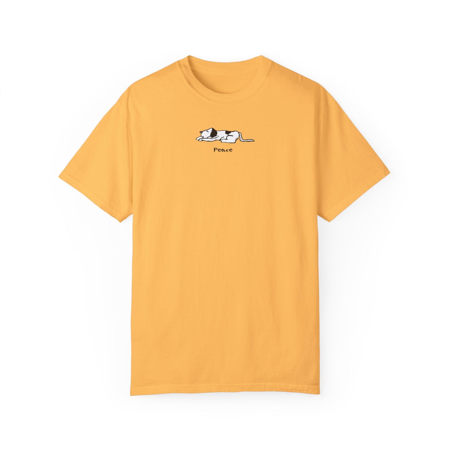 Yellow-orange colored unisex t-shirt featuring a simple black and white illustration of a sleeping dog above the word "Peace" printed on the chest.