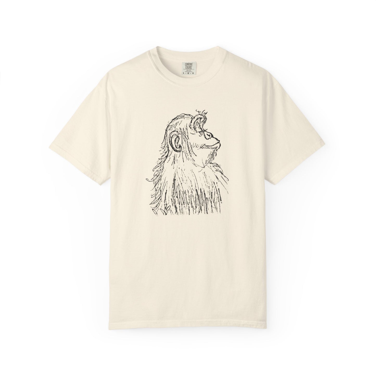 Cream T-shirt 'Embrace the Monkey Mind' with black sketch of an ape in profile looking right