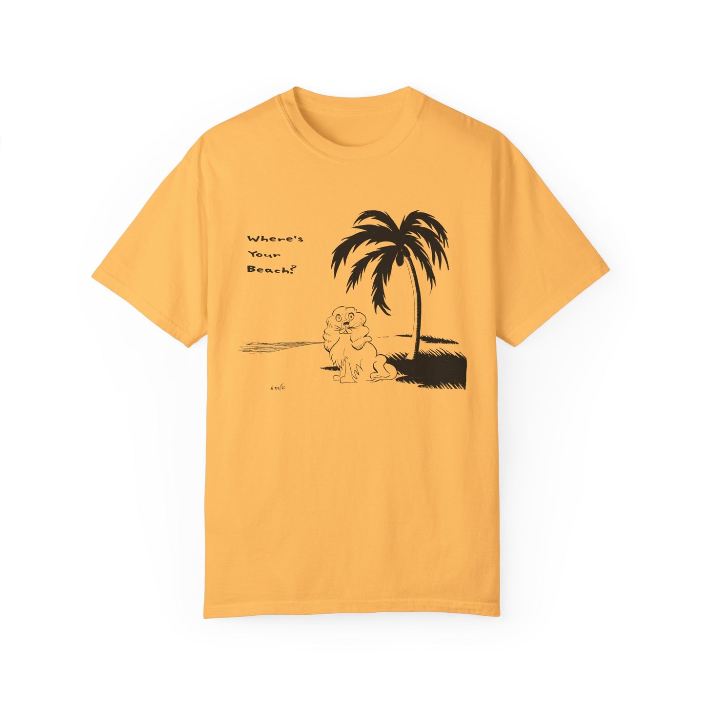 Golden yellow unisex t-shirt featuring a playful black line illustration of a fluffy cocker spaniel dog sitting on a beach under a palm tree with the phrase “Where’s Your Beach?” written beside it.