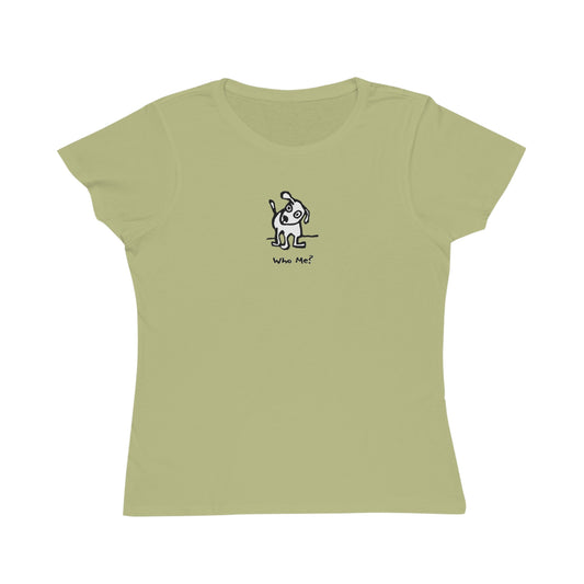 Light green colored women's t-shirt featuring a small, centered linocut-style illustration of a cartoon dog with a raised ear and tilted head, standing above the caption “Who Me?”
